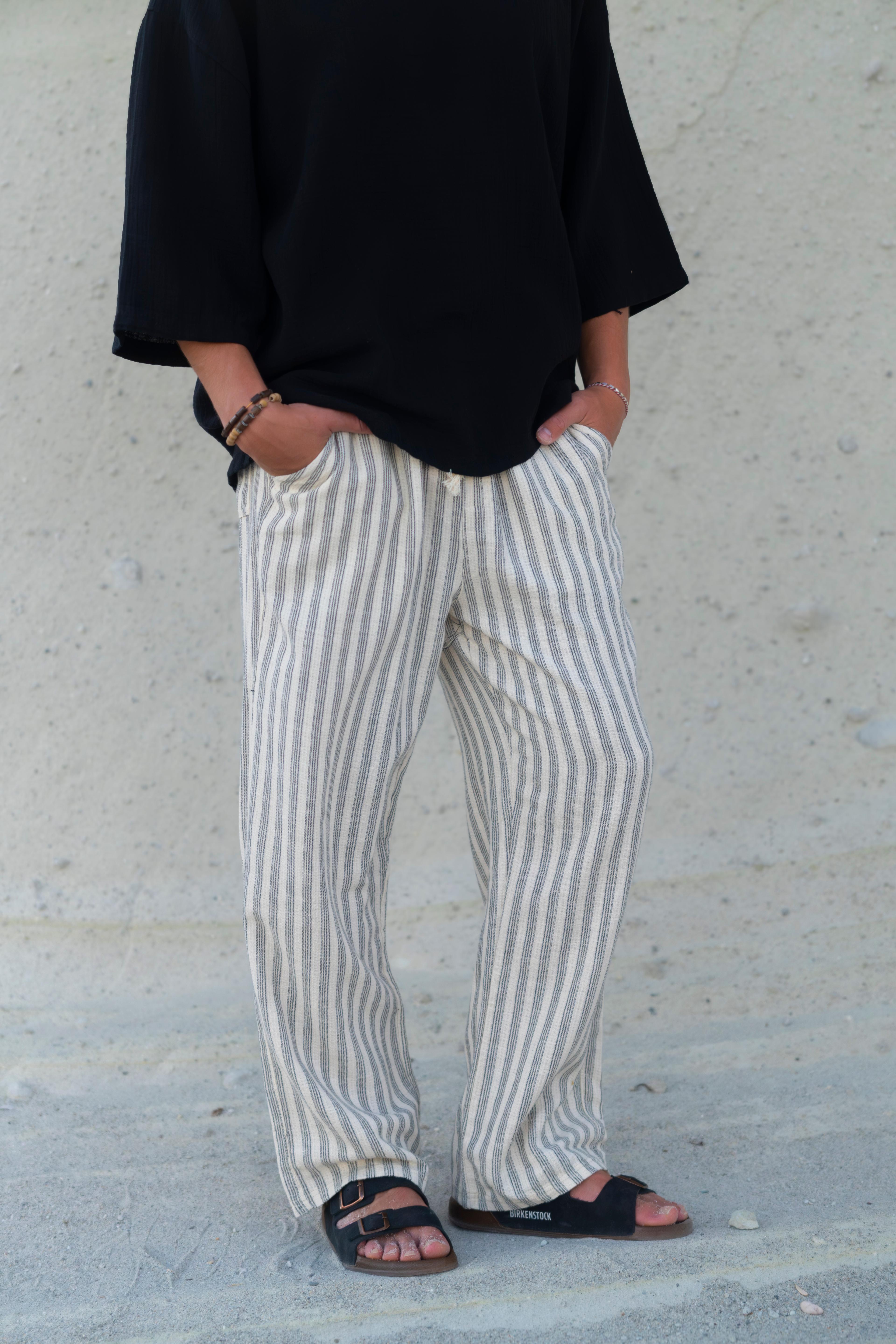 Çizgili Keten Baggy Pantolon 