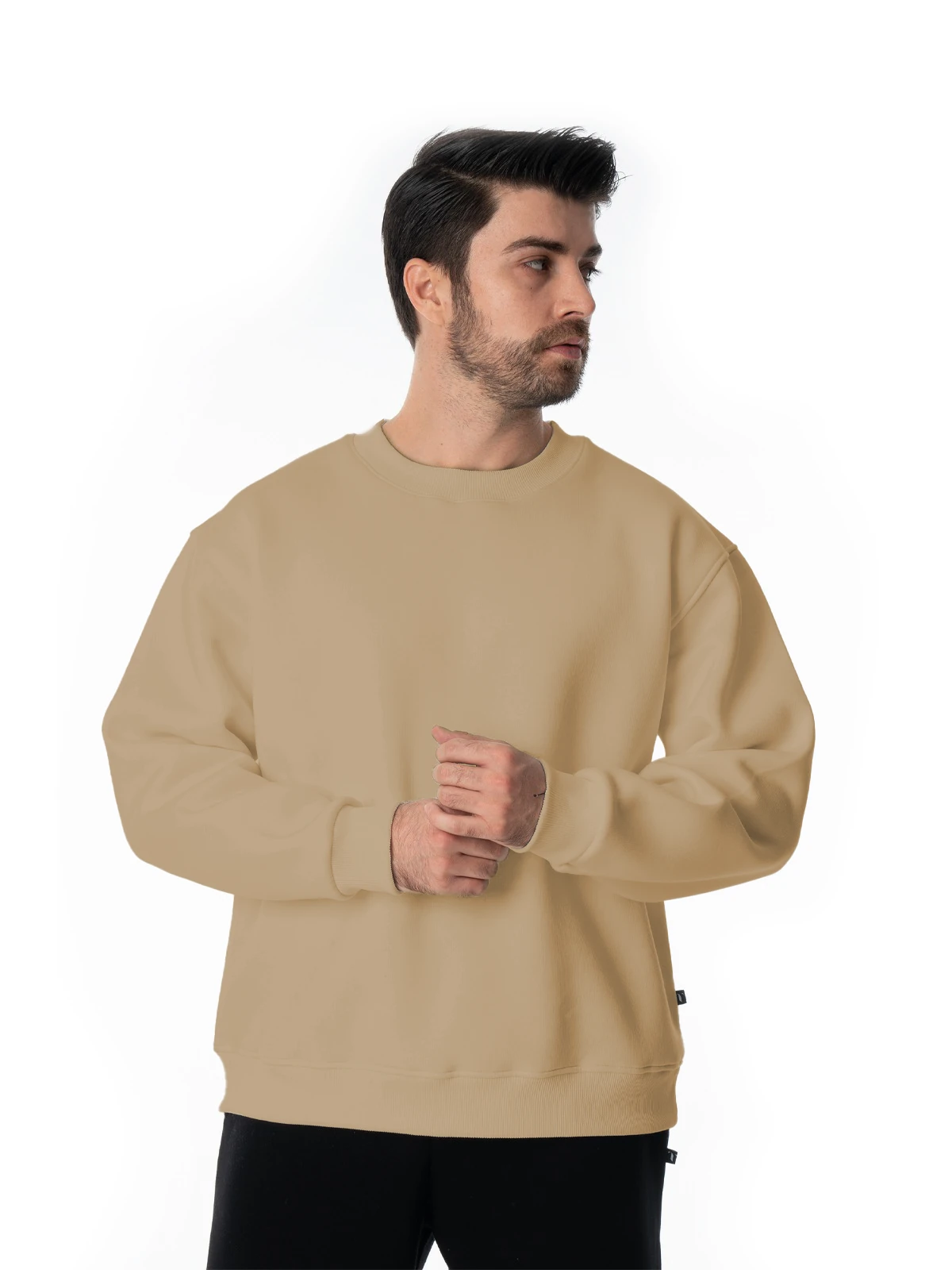 Erkek Sıfır Yaka Basic Sweatshirt - Bej