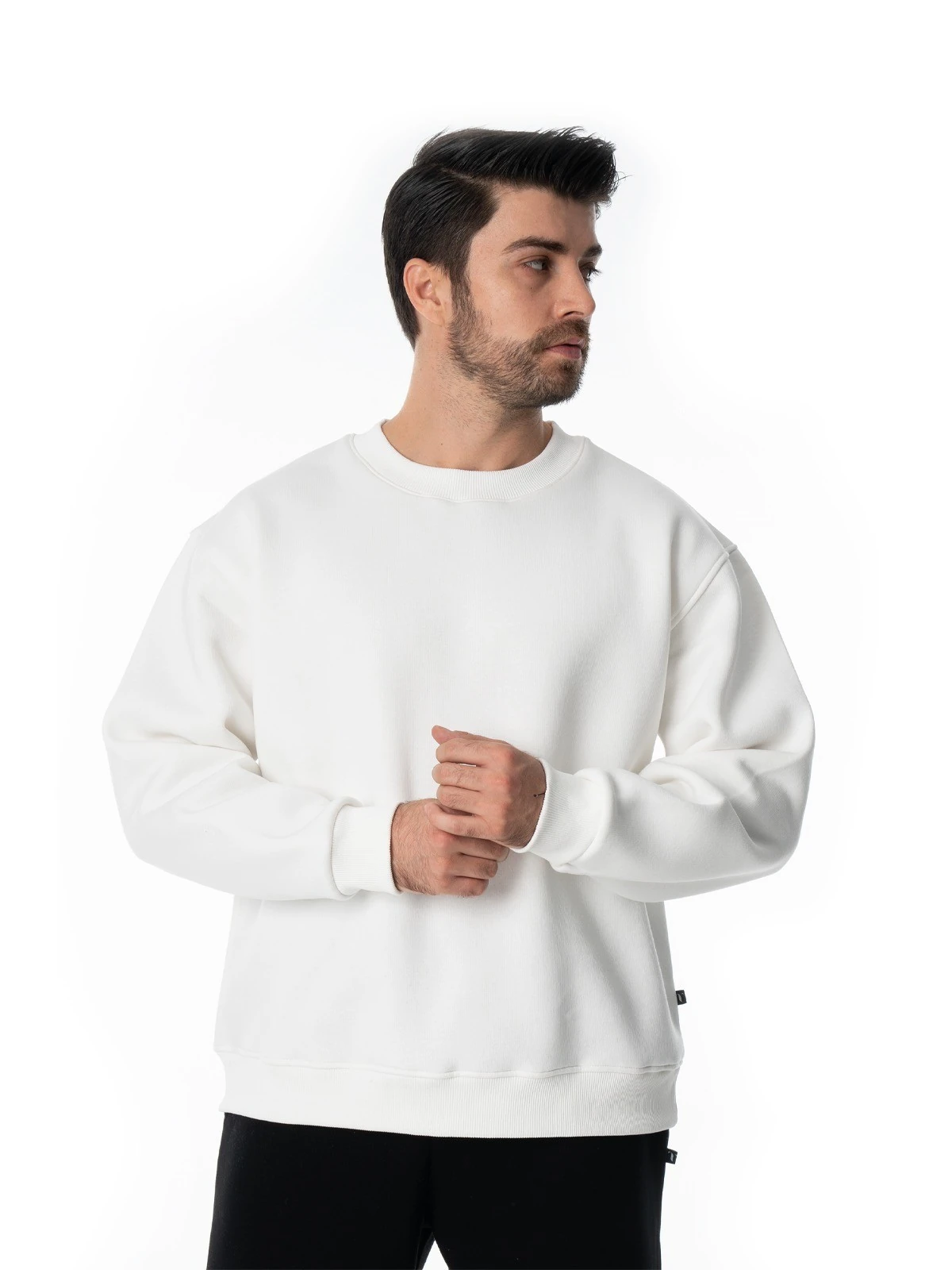 Erkek Sıfır Yaka Basic Sweatshirt - Beyaz