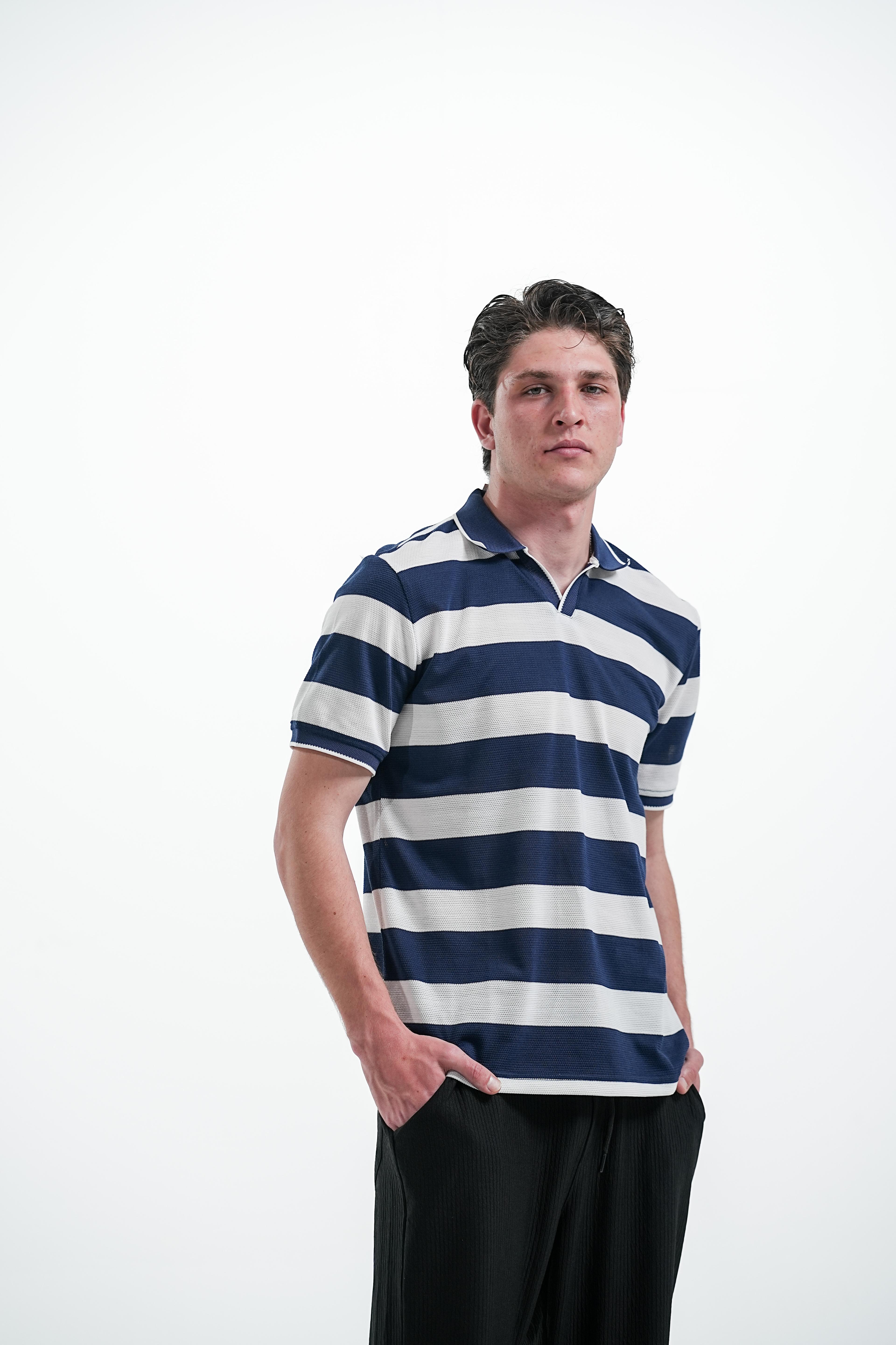 ÇİZGİLİ MERSERİZE  KUMAŞ POLO YAKA T-SHIRT - Lacivert-Beyaz