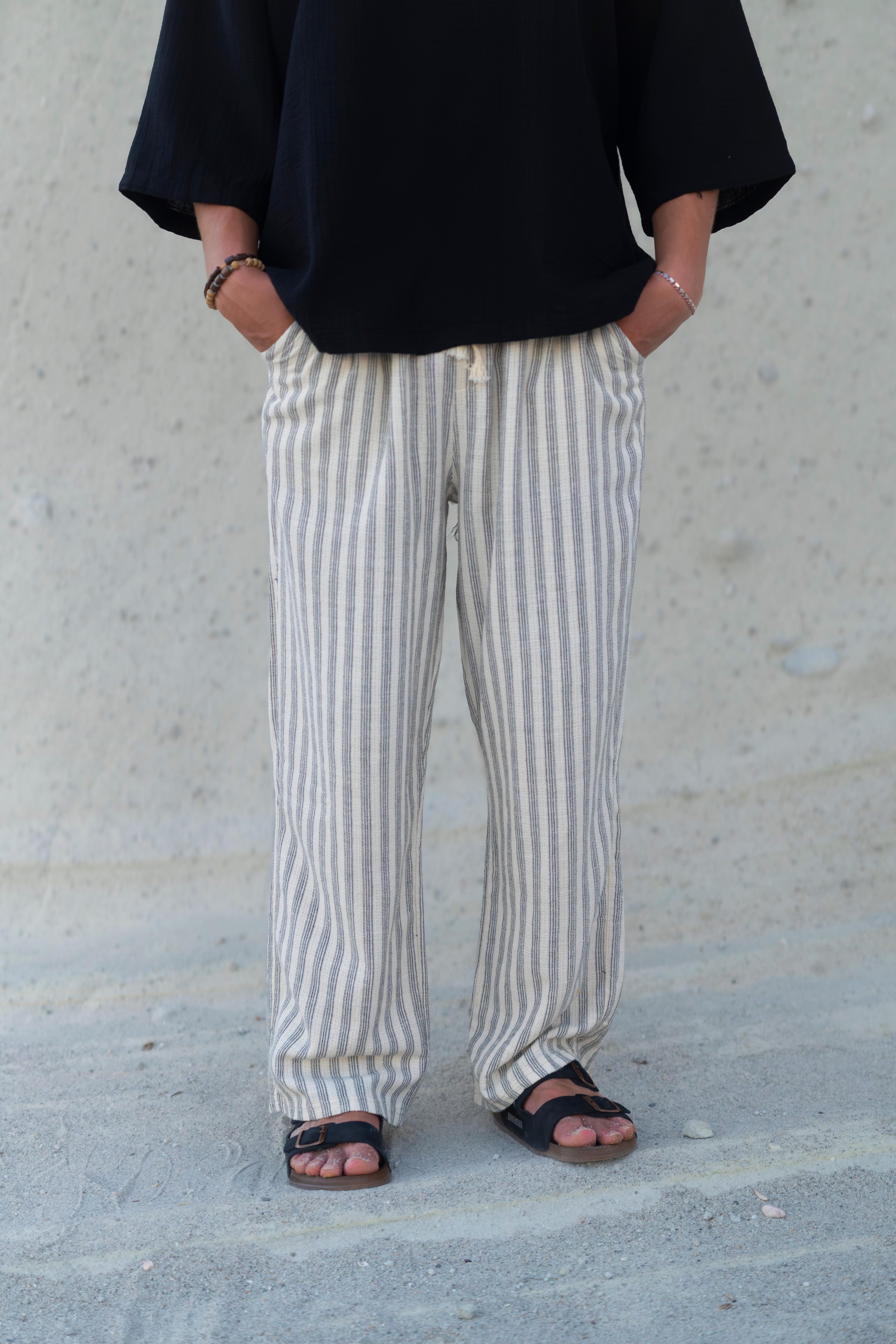 Çizgili Keten Baggy Pantolon 