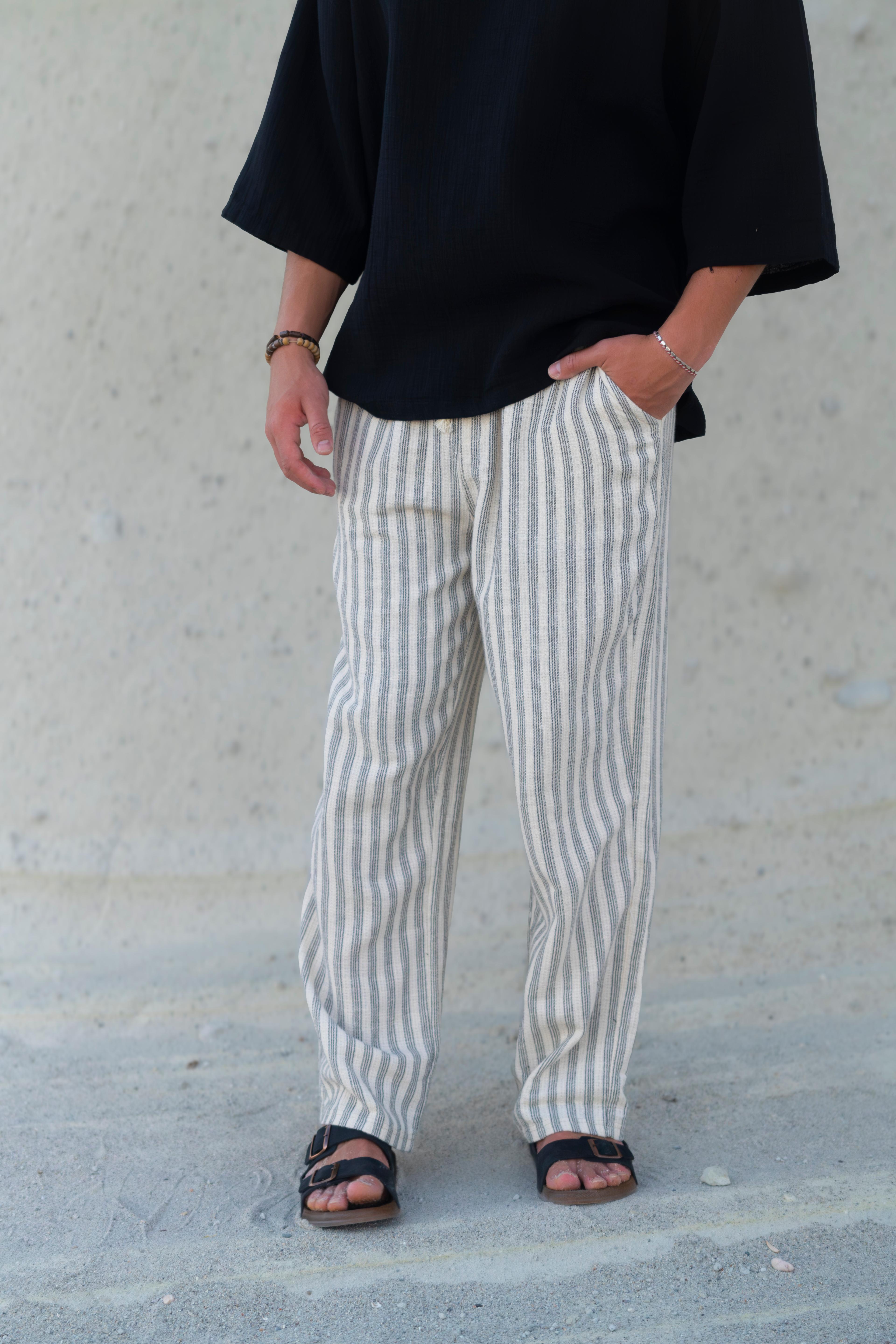 Çizgili Keten Baggy Pantolon 