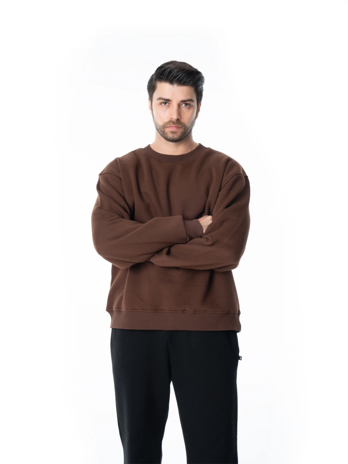 Erkek Sıfır Yaka Basic Sweatshirt - Kahverengi