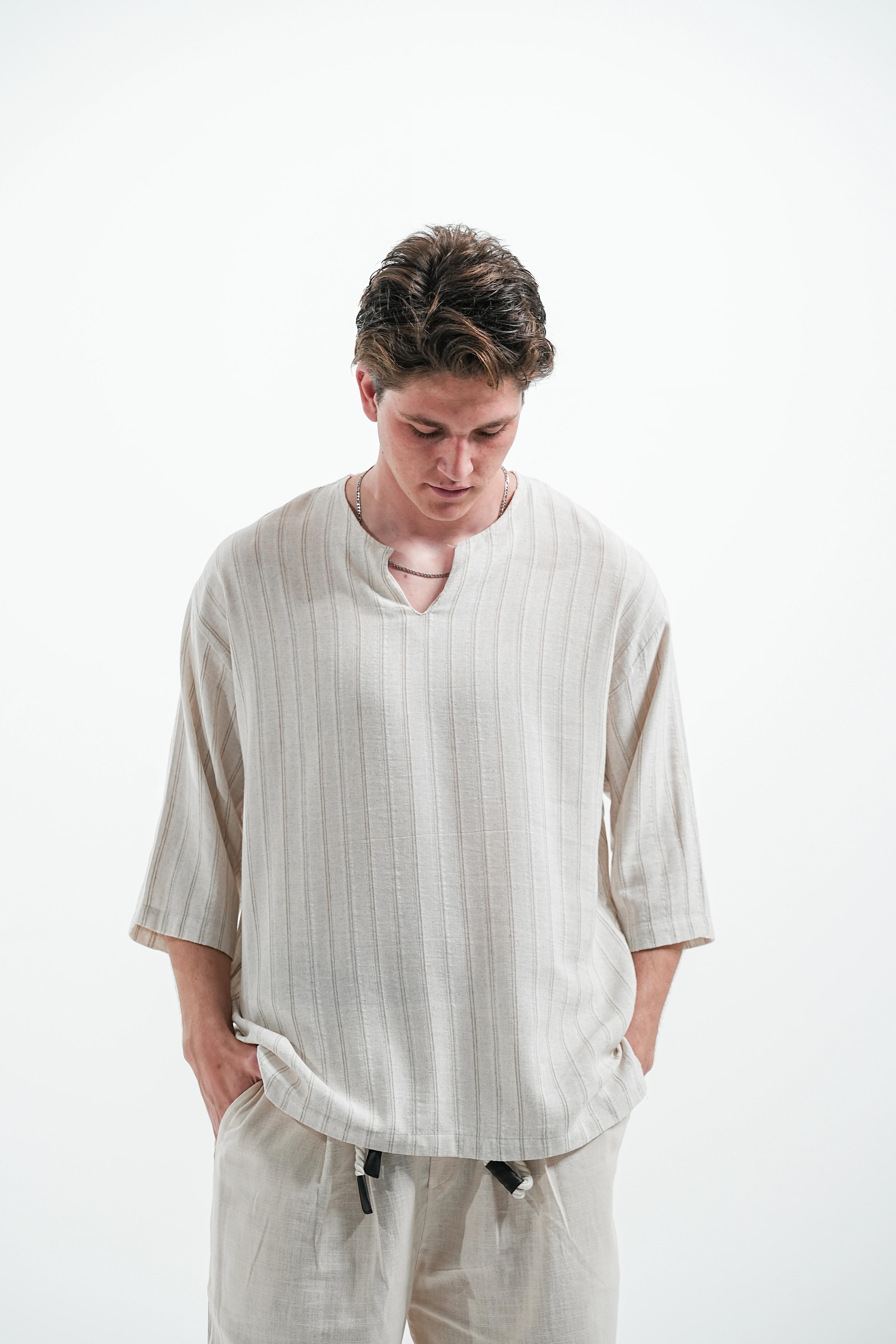 KETEN V-YAKA OVERSIZE ÇİZGİLİ 