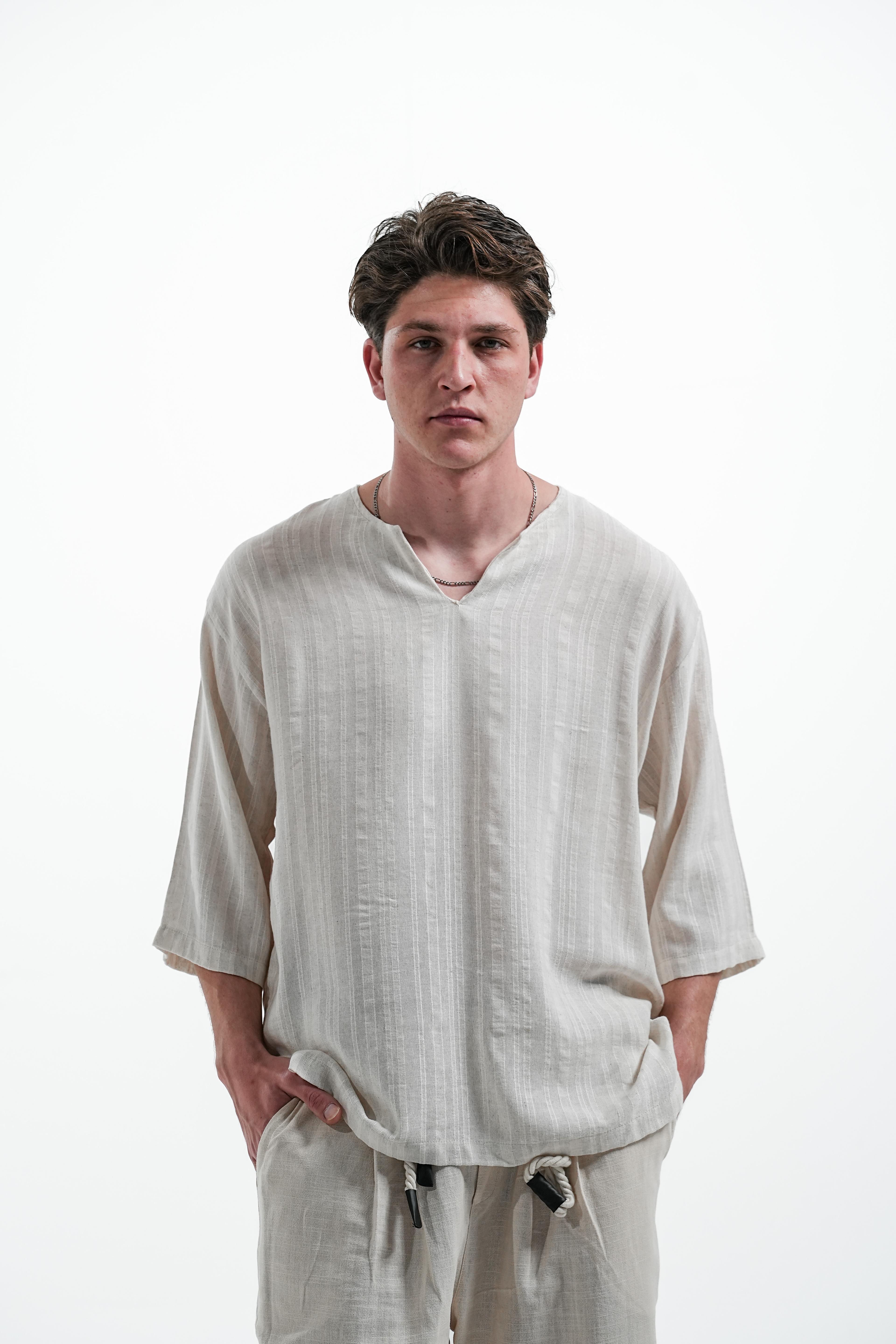 KETEN V-YAKA OVERSIZE ÇİZGİLİ  - Krem-Kahve çizgili