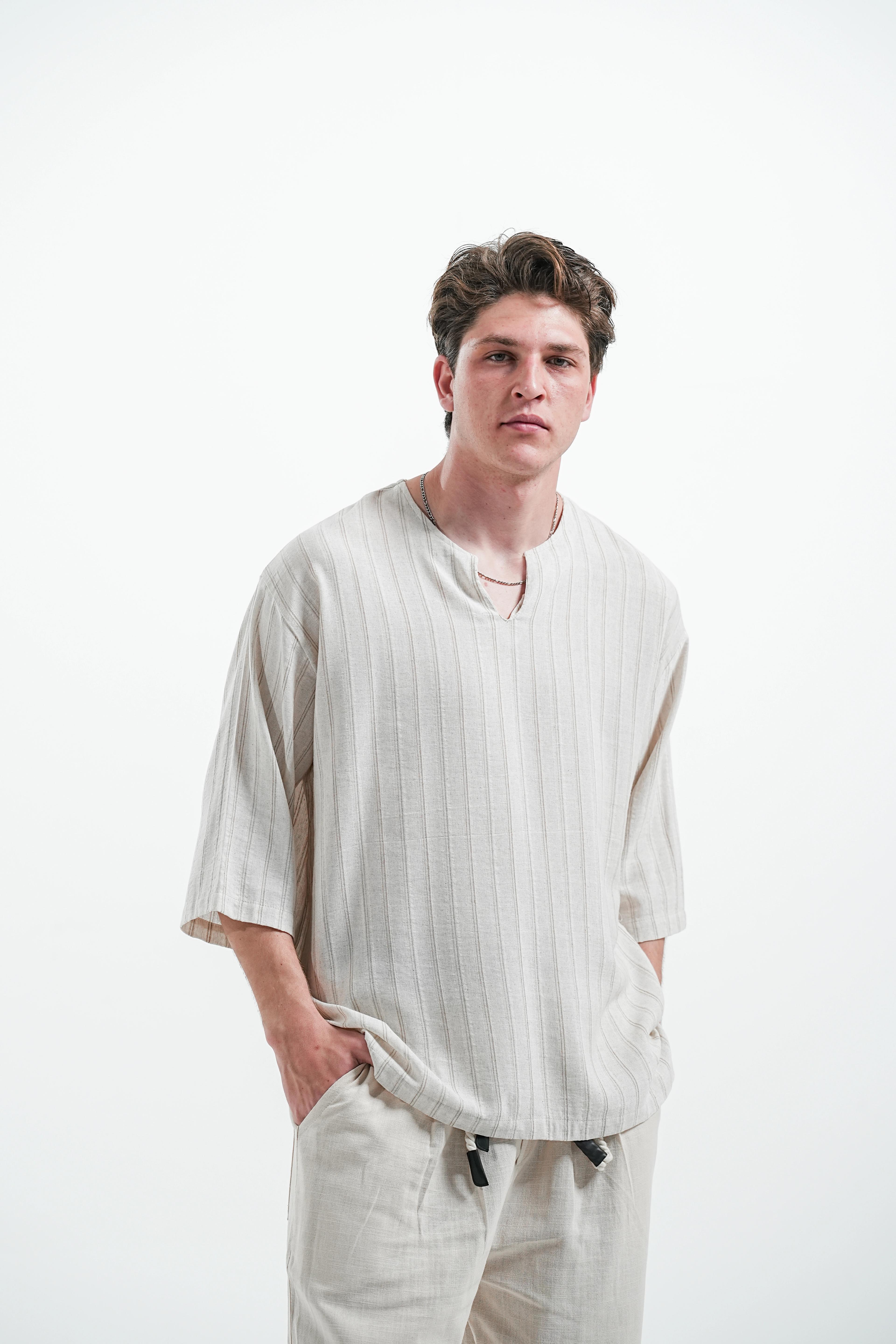 KETEN V-YAKA OVERSIZE ÇİZGİLİ  - Krem