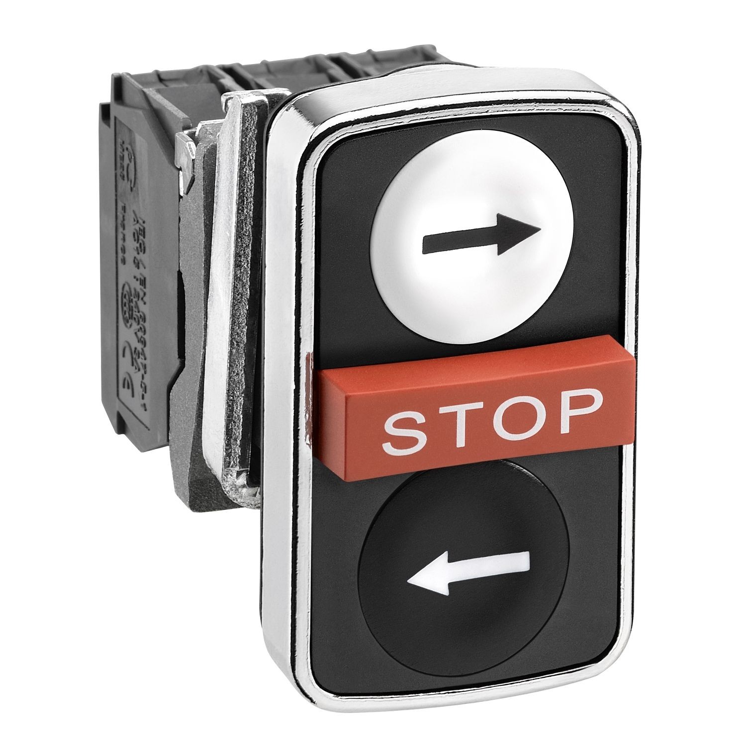 XB4BA711237 Triple headed push button, Harmony XB4, white flush, red projecting, black flush pushbutton, 22mm, spring return, 1NO + 1NC