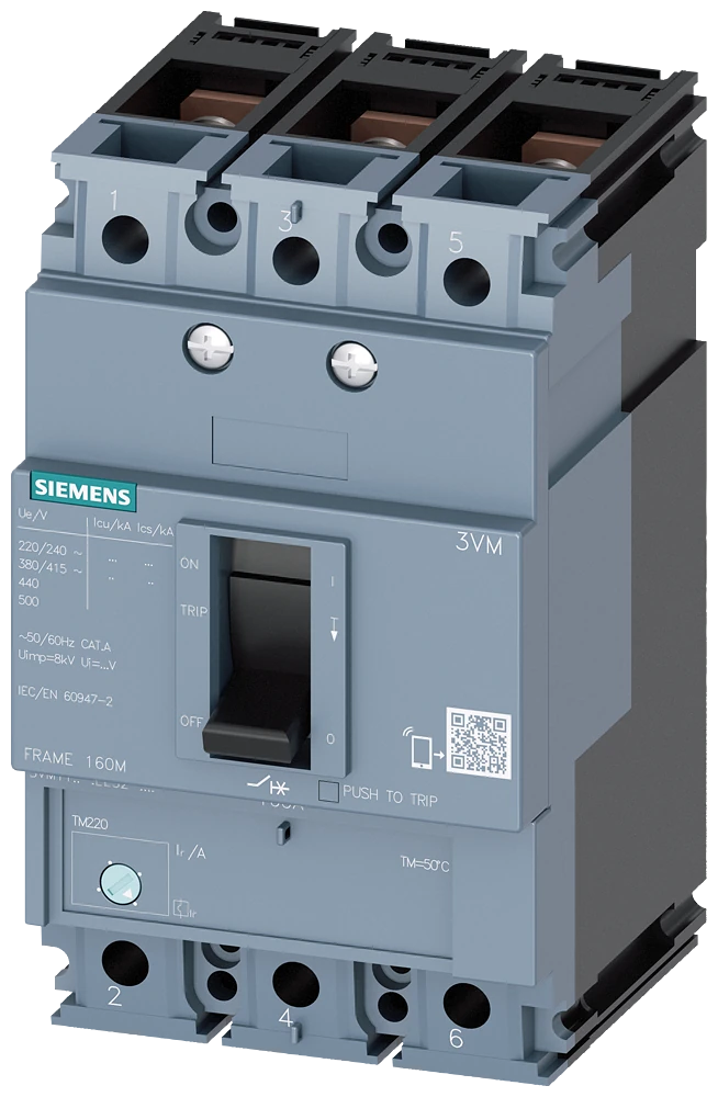 3VM1150-3EE32-0AA0 circuit breaker 3VM1 IEC frame 160 breaking capacity class N Icu=25kA @ 415V 3-pole, line protection TM220, ATFM, In=50A overload protection Ir=35A...50A short-circuit protection Ii=10 x In nut keeper kit