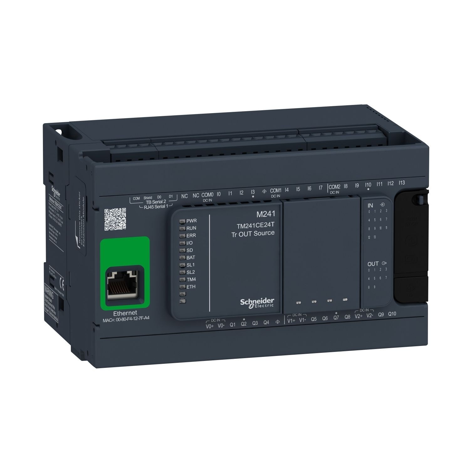 TM241CE24T logic controller, Modicon M241, 24 IO, transistor, PNP, Ethernet
