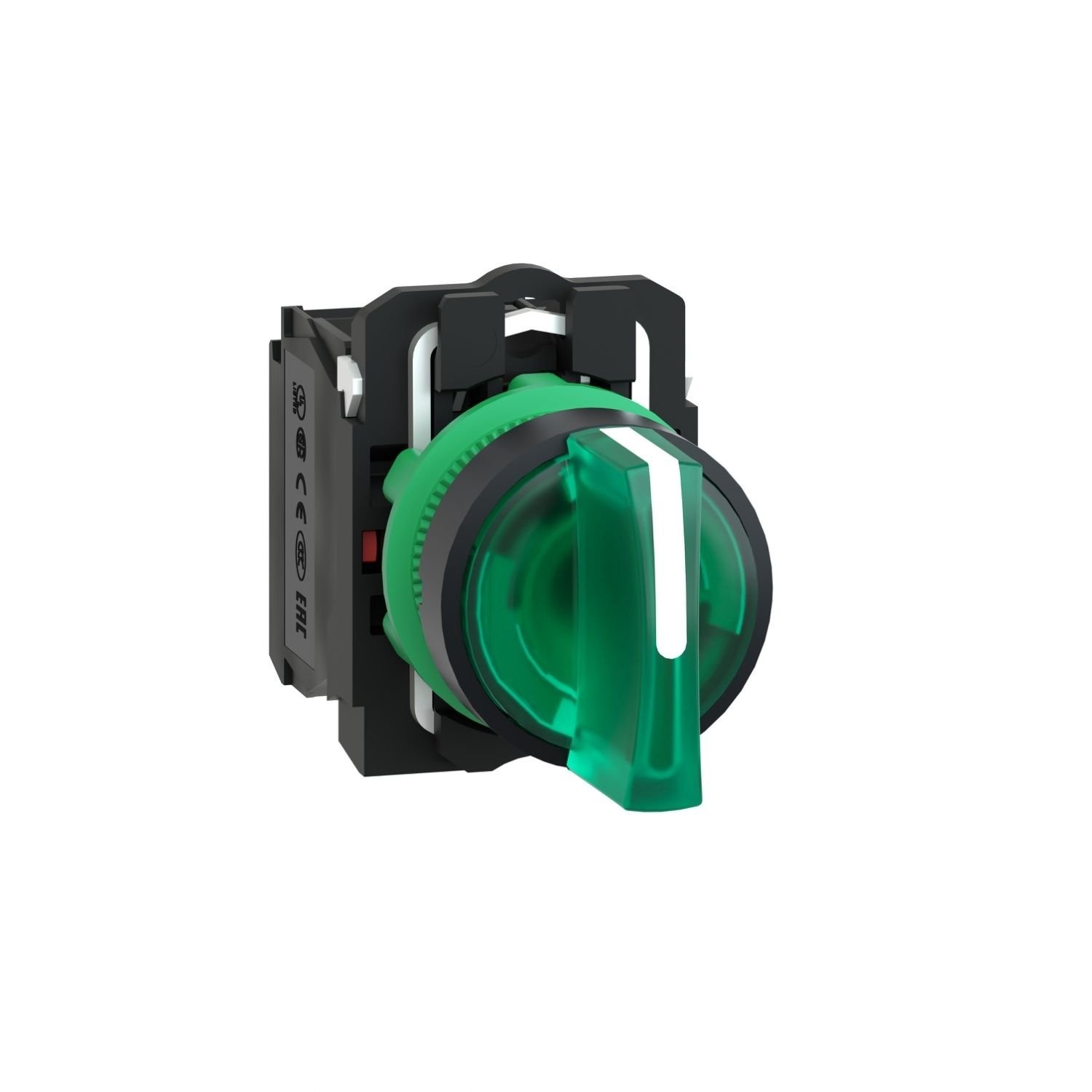 XB5AK133M5 Illuminated selector switch, Harmony XB5, grey plastic, green handle, 22mm, universal LED, 3 positions, 1NO + 1NC, 230...240V AC