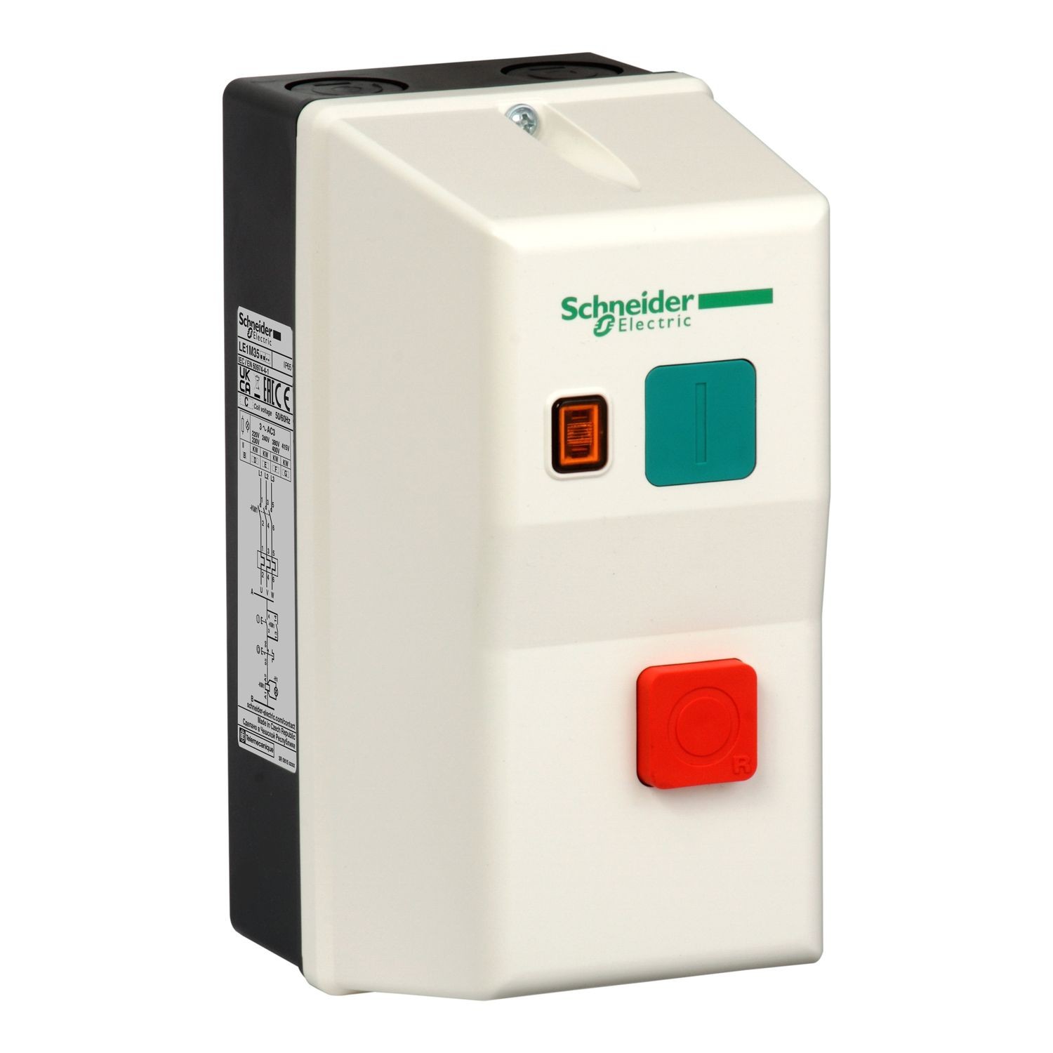 LE1M35Q707 Enclosed DOL starter,TeSys LE,1.2-1.8A,380V AC coil,including 1 LC1K,LR2K,2 pushbuttons,yellow indicator