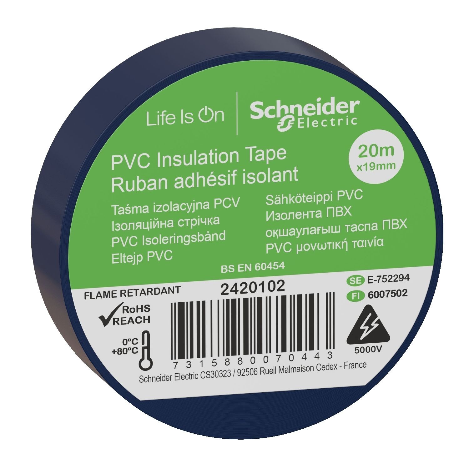 Schneider Electric 2420102 Insulation tape, Thorsman, 19mm x 20m, blue