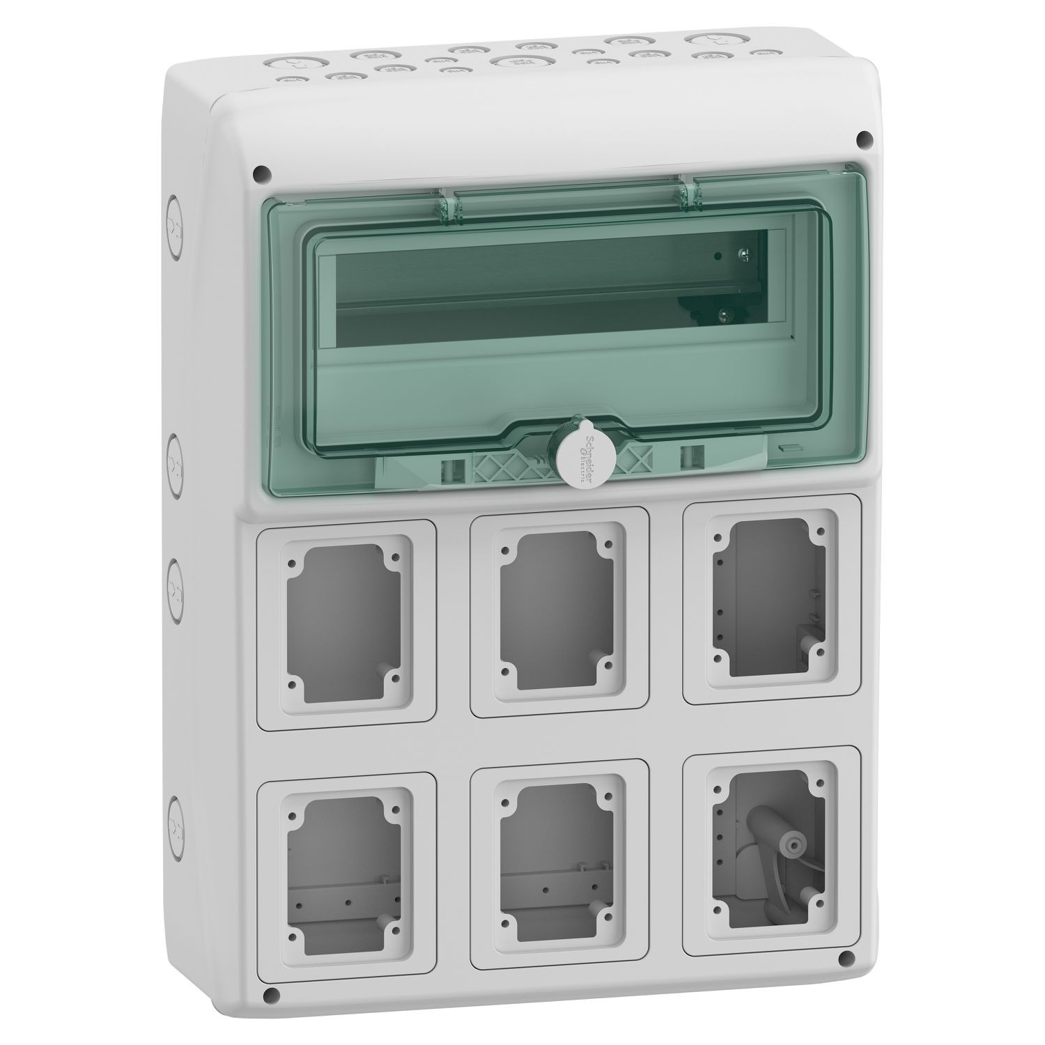 Schneider Electric 13181 Enclosure for power outlet, Mureva Enclosure, 1x12 modules, 6 openings 90x100mm, (W)340mm x (H)460mm, without term block