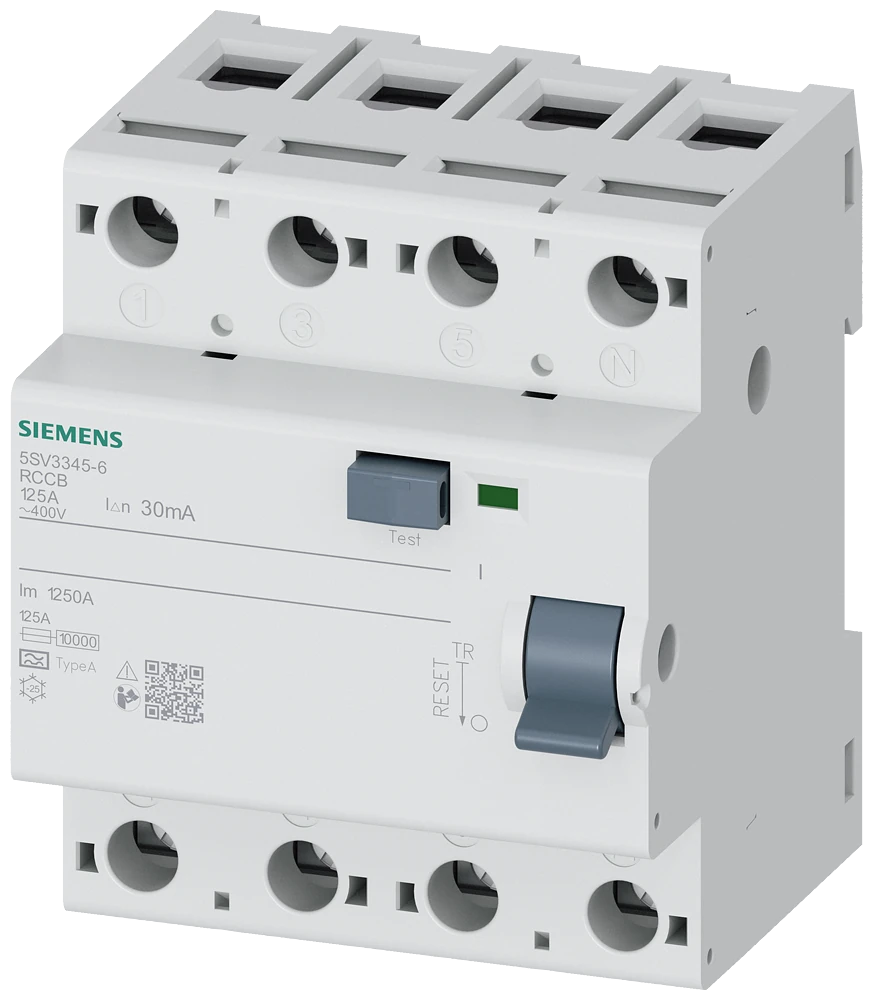 5SV3345-6 Disjoncteur différentiel, 4 pôles, type A, In : 125 A, 30 mA, Un AC : 400 V