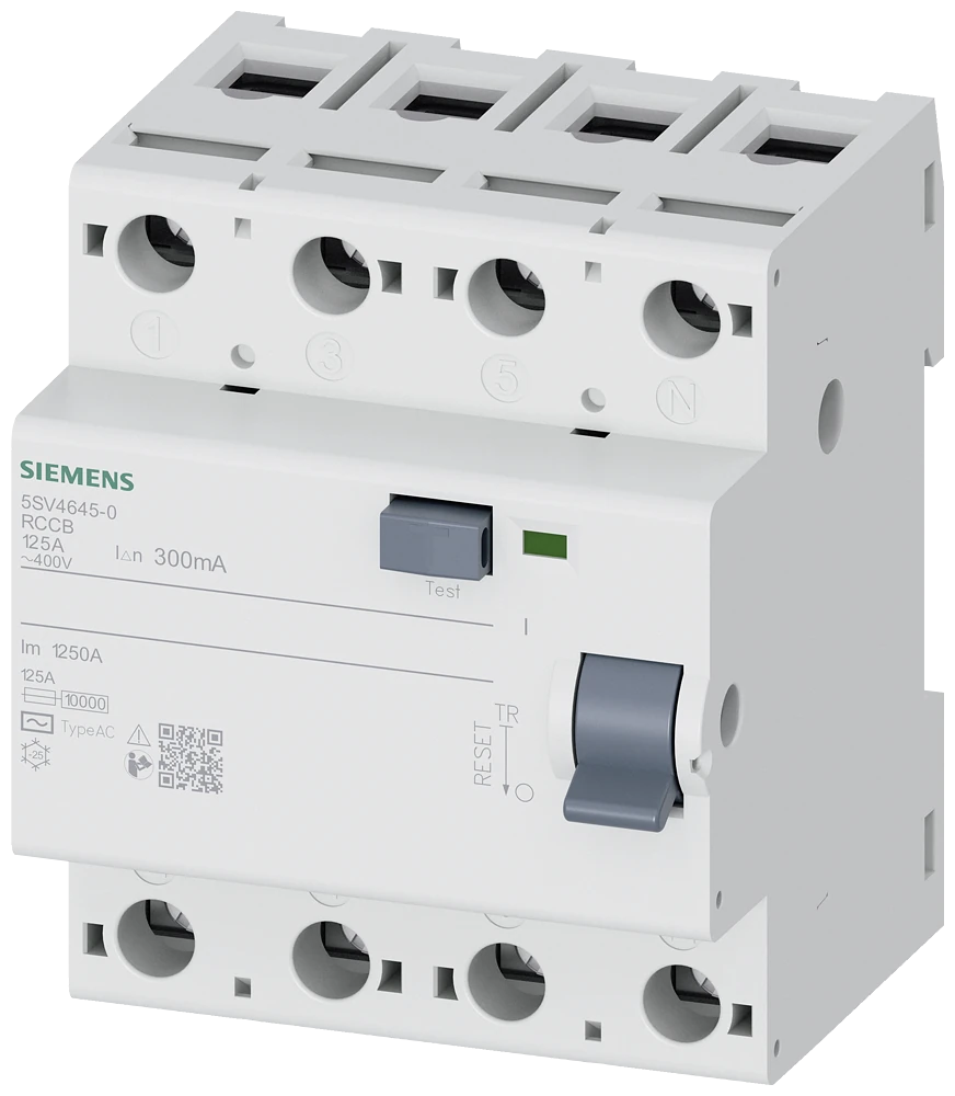 5SV4645-0 Siemens Disjoncteur différentiel, 4 pôles, type AC, In : 125 A, 300 mA, Un AC : 400 V
