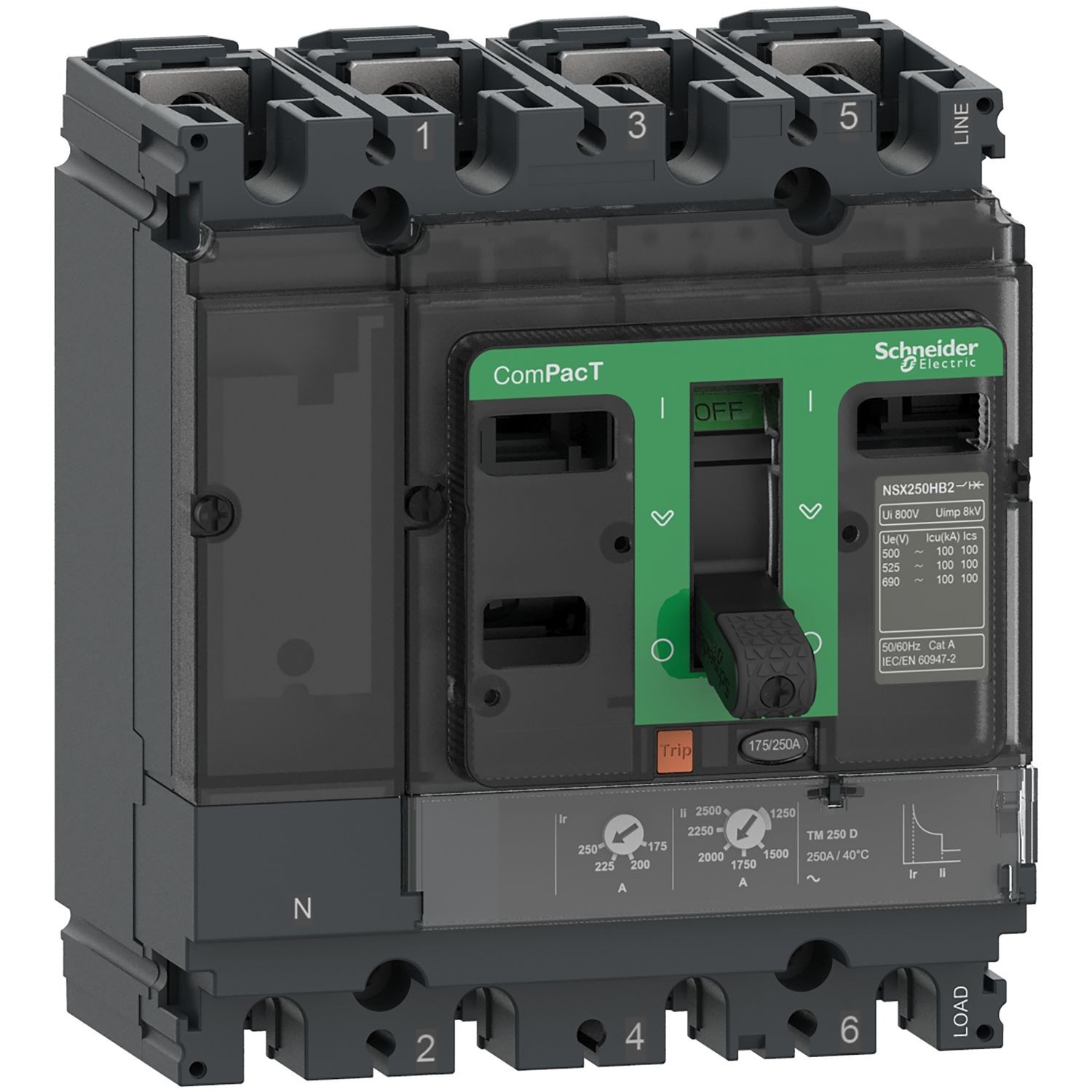 C16N4TM160 Circuit breaker, ComPacT NSX160N, 50kA/415VAC, 4 poles 4D (neutral fully protected), TMD trip unit 160A