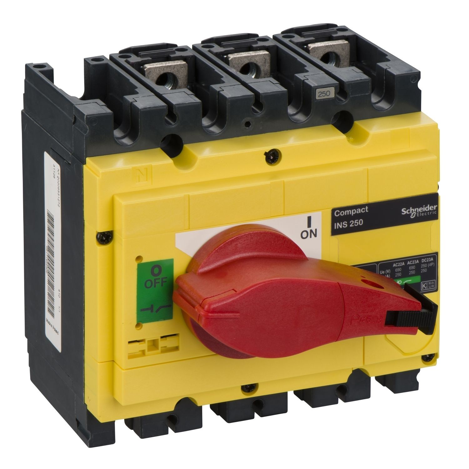 Schneider Electric 31126 switch disconnector, Compact INS250, 250A, with red rotary handle and yellow front, 3 poles