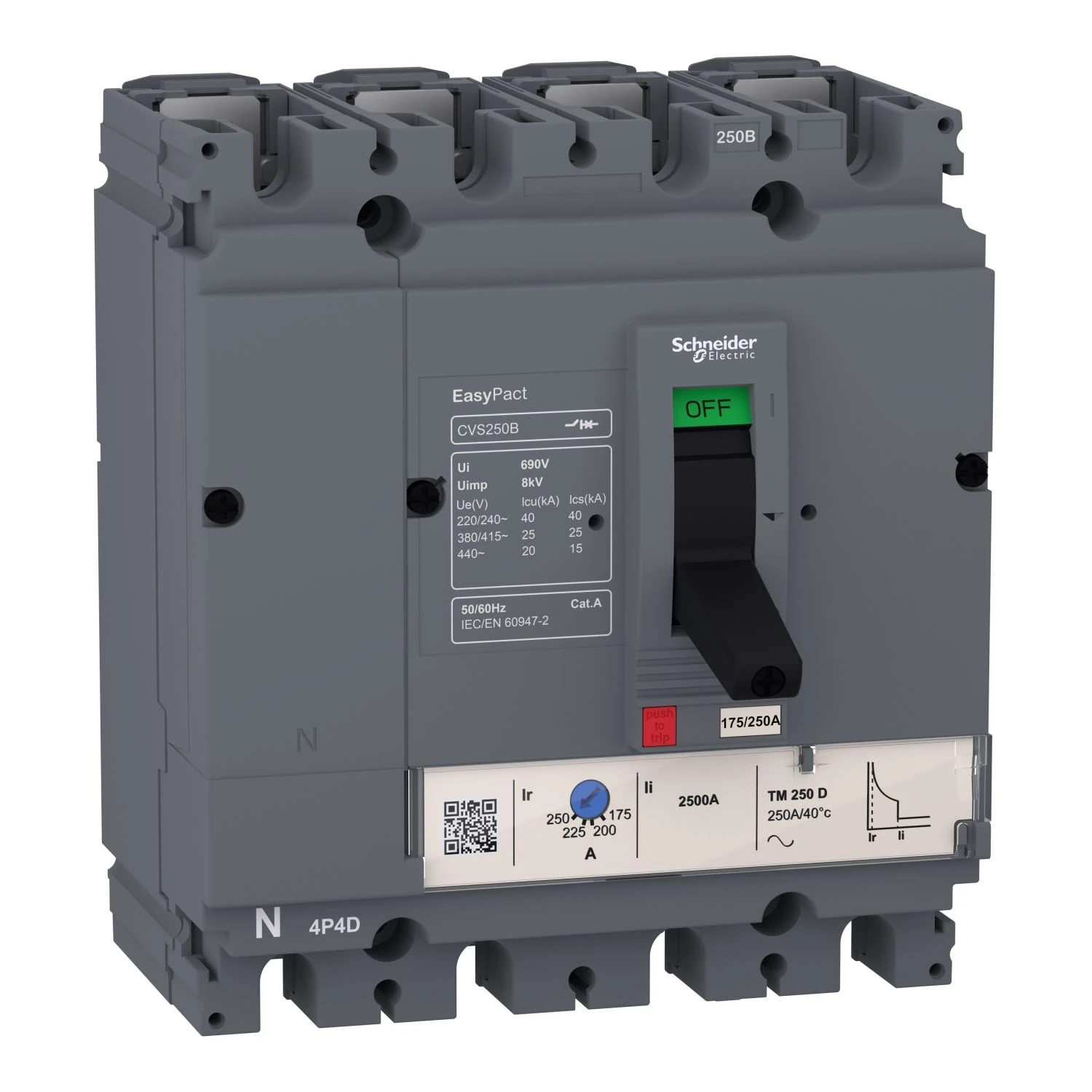 LV516313 Schneider Electric circuit breaker EasyPact CVS160B, 25kA at 415VAC, 160A TMD trip unit, 4P 3d