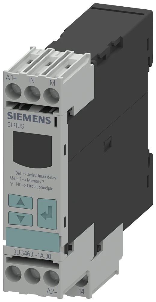 3UG4632-1AW30 Digital monitoring relay Voltage monitoring, 22.5 mm from 10 to 600 V AC/DC 0vershoot and undershoot 24 to 240 V AC/DC 50 to 60 Hz DC and AC Noise pulses delay 0.1 to 20 s Hysteresis 0.1 to 300 V 1 change-over contact with or without