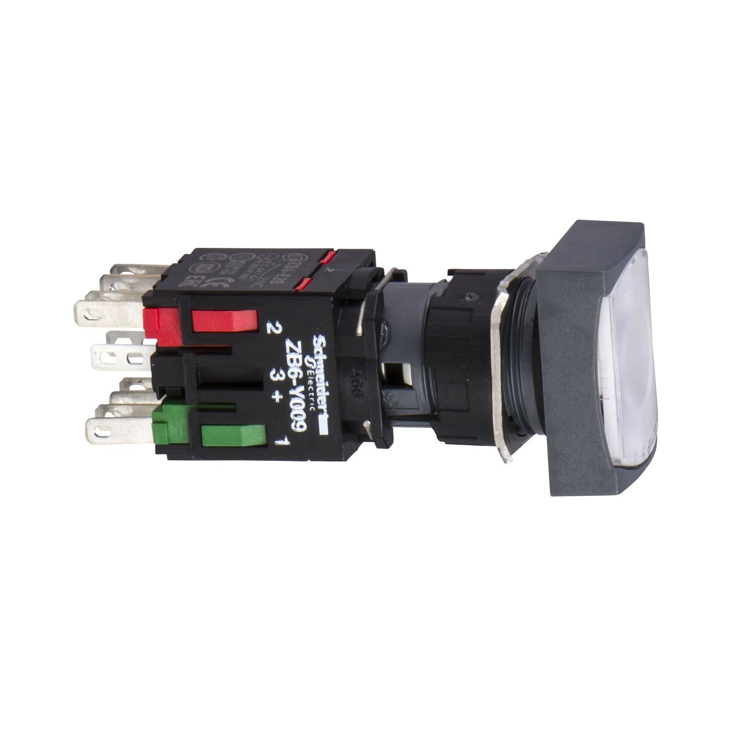 XB6DW1B1B Complete illuminated push button, Harmony XB6, white rectang flush, 16mm, spring return 1NO 12...24V