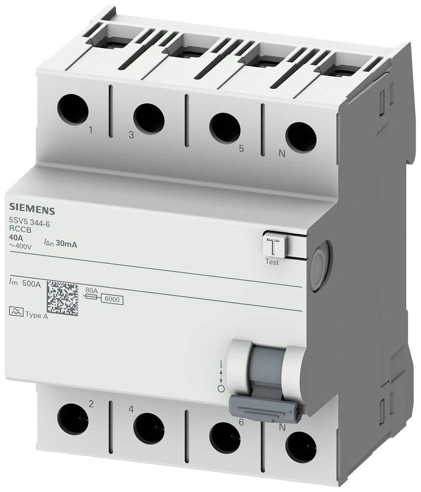 5SV5644-6 Siemens Residual current operated circuit breaker, 4-pole, Type A, In: 40A, 300mA, Un AC: 400V Residential