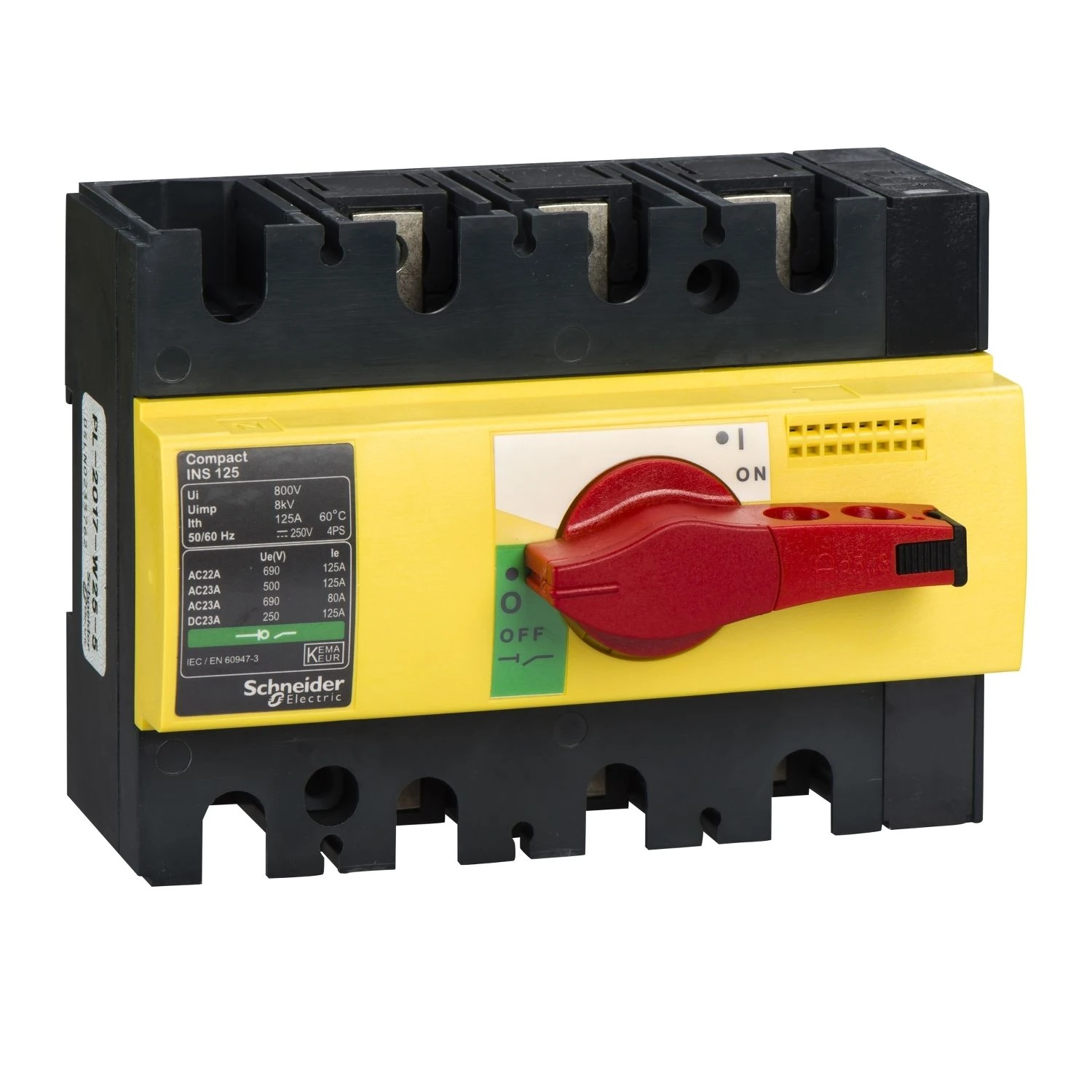 28926 Schneider Electric switch disconnector, Compact INS125, 125A, with red rotary handle and yellow front, 3 poles