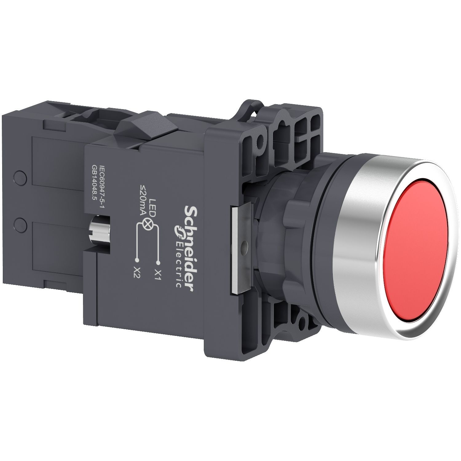 XA2EW34M1 Complete illuminated push button, Easy Harmony XA2, plastic, flush, red, 22mm, spring return, 220V AC, 1NO
