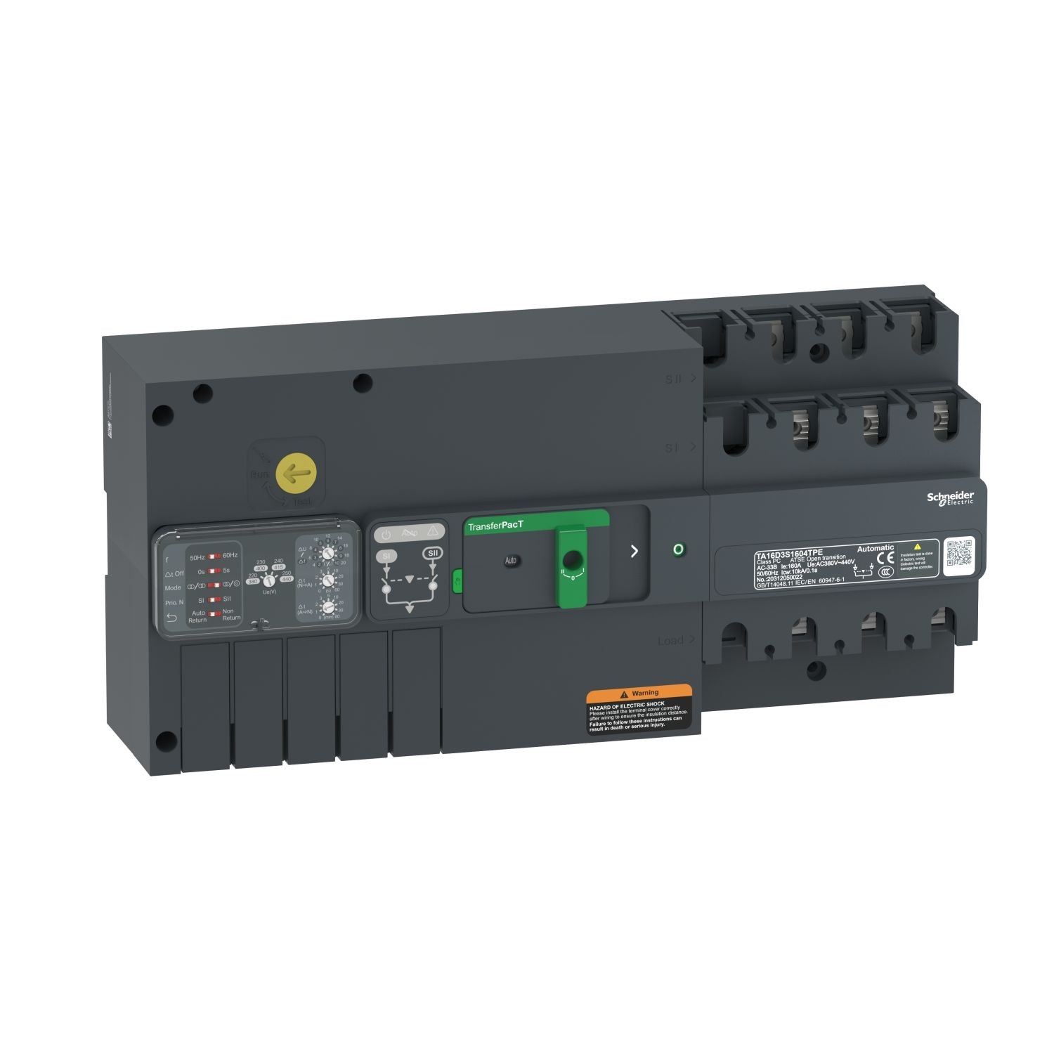 TA16D3S1004TPE automatic transfer switch, TransferPacT automatic, 100A, 3P, rotary, frame 160A