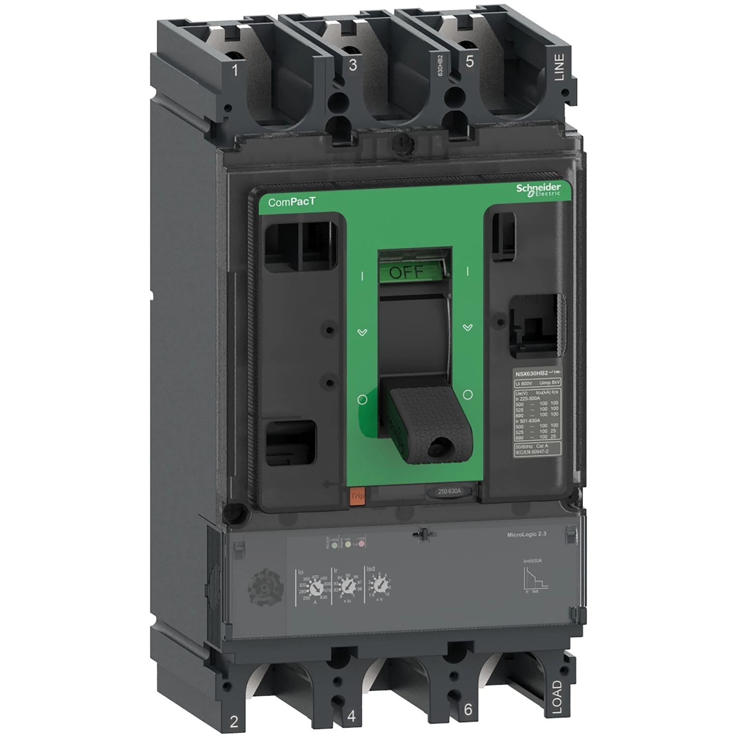 C63F32D630 Schneider Electric Circuit breaker, ComPacT NSX630F, 36kA/415VAC, 3 poles, MicroLogic 2.3 trip unit 630A