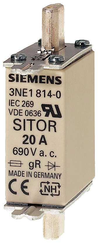 3NE1815-0 Siemens Fusible SITOR, avec contacts à lame, NH000, In : 25 A, gS, Un AC : 690 V, Un DC : 250 V, indicateur avant