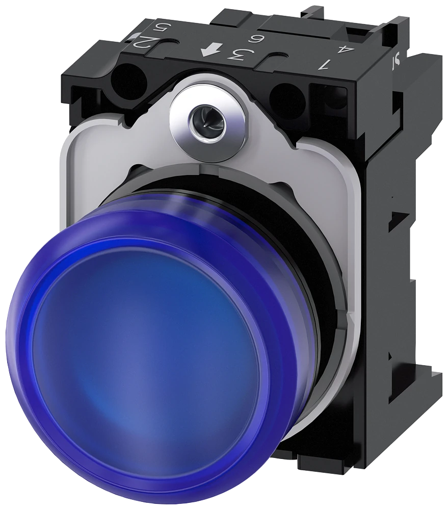 3SU1102-6AA50-1AA0 Indicator lights, 22 mm, round, plastic, blue, lens, smooth, with holder, LED module, with integrated LED 24 V AC/DC, screw terminal