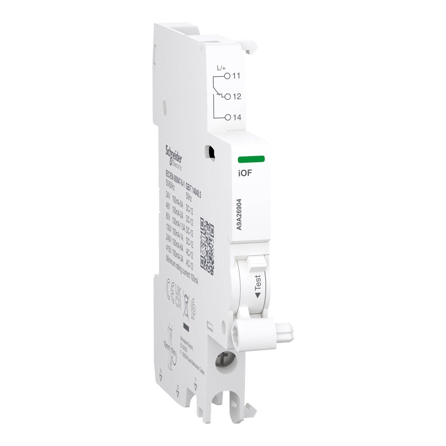 Schneider Electric A9A26904 Auxiliary contact, Acti9 A9A, iOF, 1 C/O, 100mA to 6A, 24VAC to 415VAC, 24-130 VDC, bottom connection