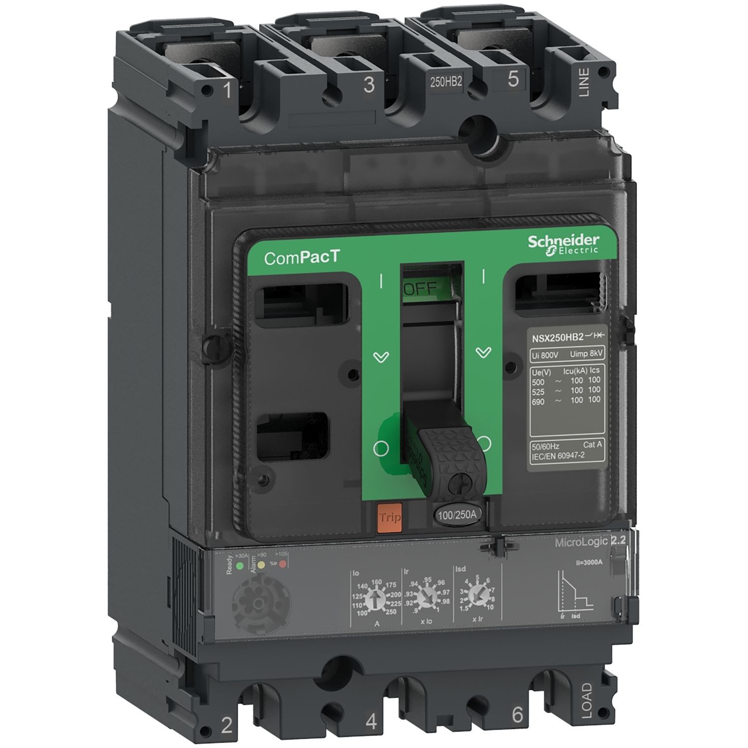 C25F32D250 Circuit breaker ComPacT NSX250F, 36kA at 415VAC, MicroLogic 2.2 trip unit 250A, 3 poles 3d