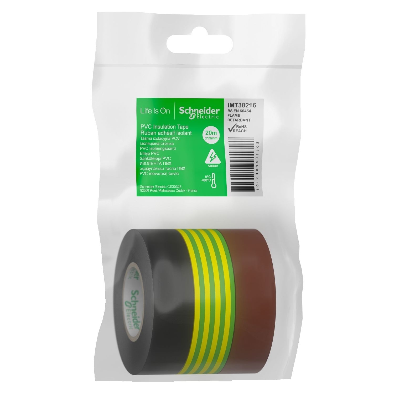 Schneider Electric IMT38216 Insulation tape, Thorsman, 19mm X 20mm, blue-green yellow-brown