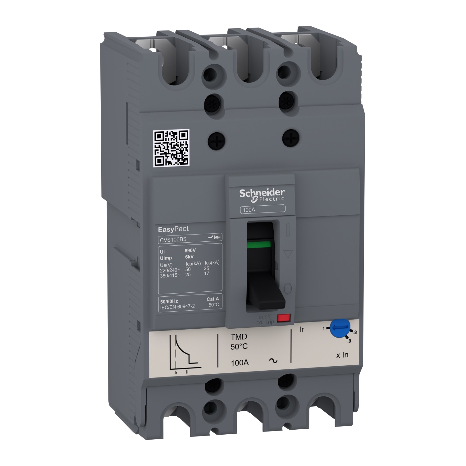 LV510938 circuit breaker, EasyPact CVS100BS, 25kA at 415VAC, 100A, TM-D trip unit, 3P3d