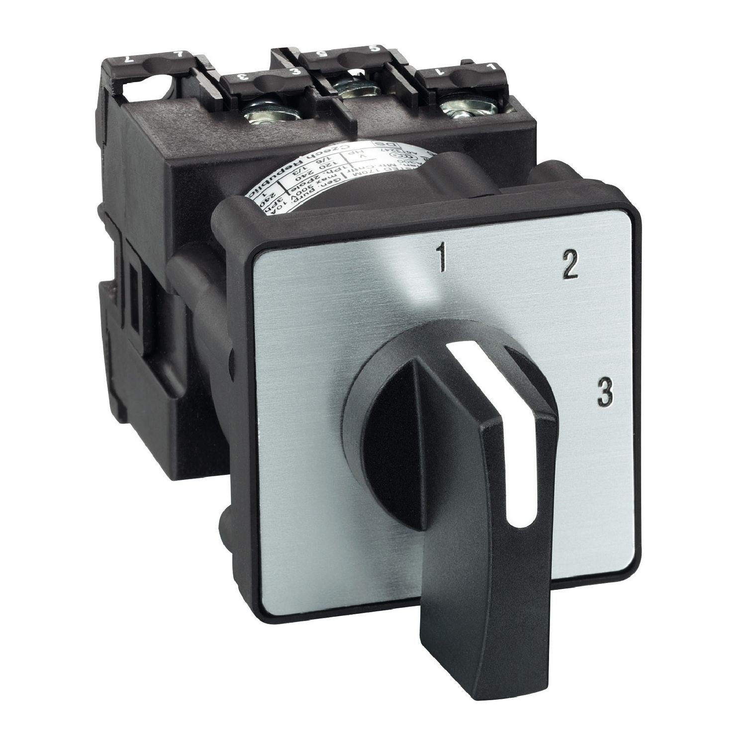 K1C003NLH Cam stepping switch, Harmony K, multifixing, plastic, 1 pole, 3 steps, 45 degree, 12A, 45x45mm,metallic legend, marked 1/2/3, 35mm black handle