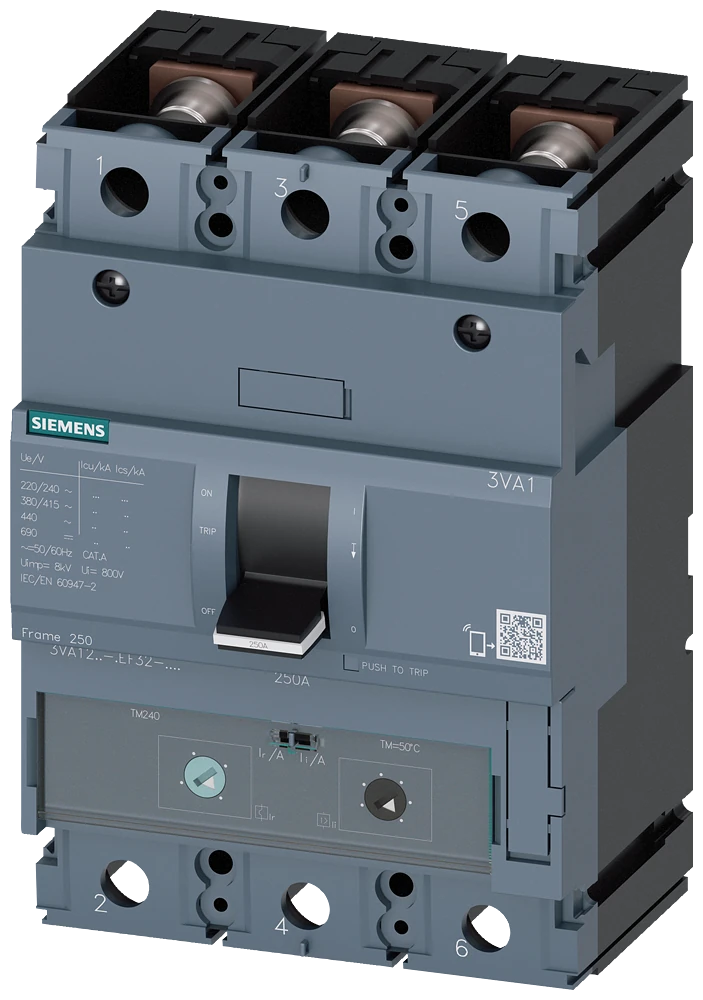 3VA1220-5EF32-0AA0 circuit breaker 3VA1 IEC frame 250 breaking capacity class M Icu=55kA @ 415V 3-pole, line protection TM240, ATAM, In=200A overload protection Ir=140A...200A short-circuit protection Ii=5...10 x In nut keeper kit