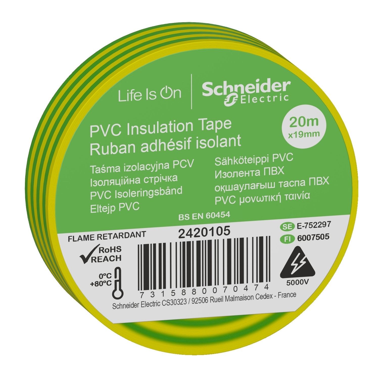 Schneider Electric 2420105 Insulation tape, Thorsman, 19mm x 20m, green-yellow