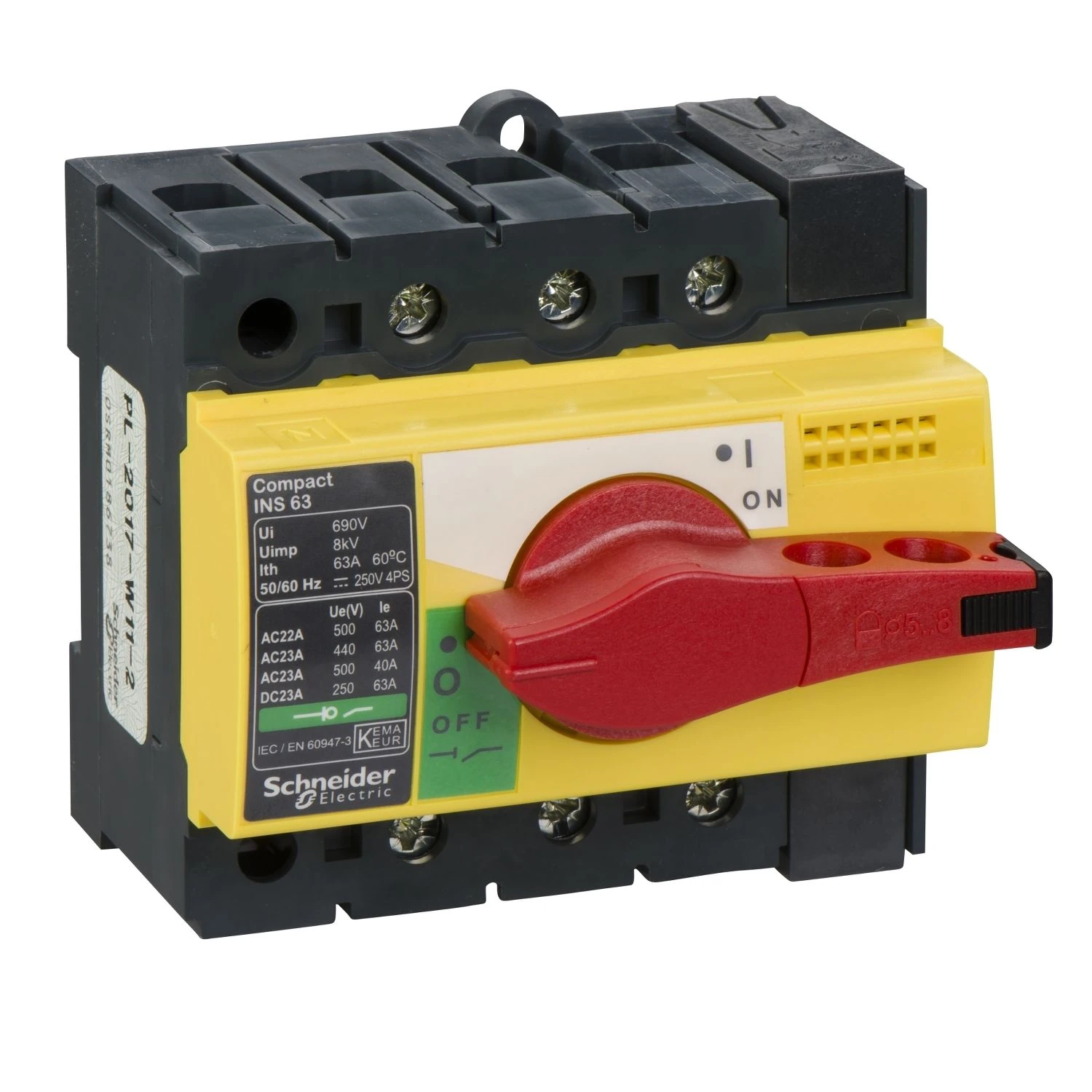 28918 switch disconnector, Compact INS63, 63A, with red rotary handle and yellow front, 3 poles