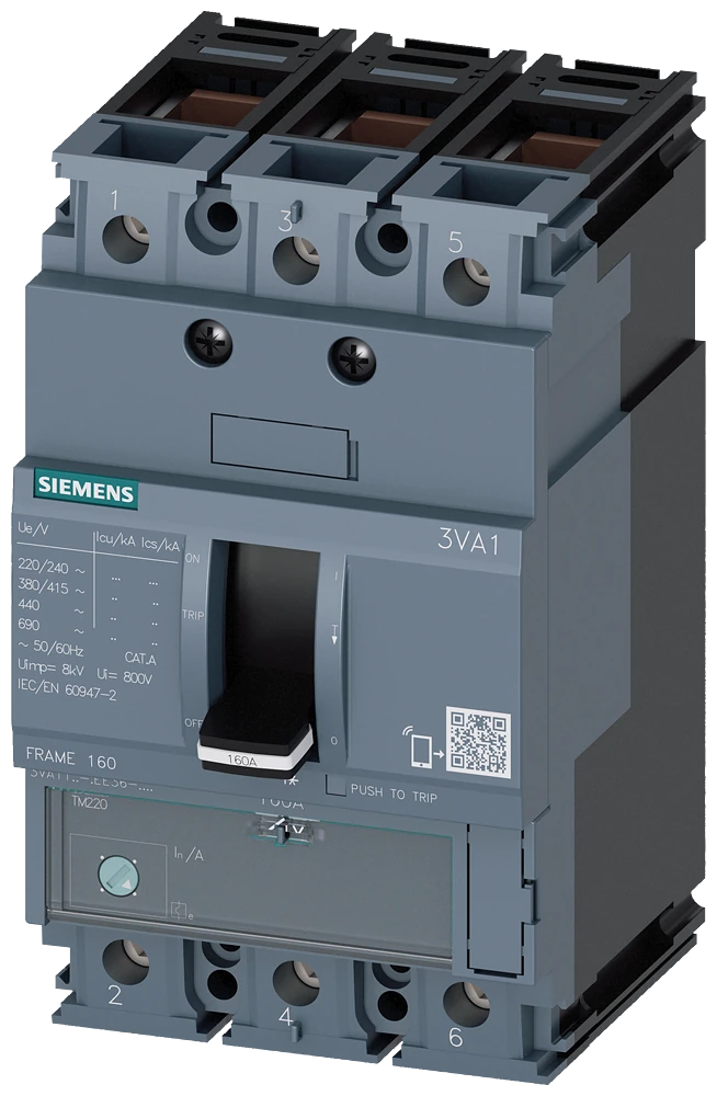 3VA1163-4EE36-0AA0 Leistungsschalter 3VA1 IEC Frame 160 Schaltvermögenklasse S Icu=36kA @ 415V 3-polig, Anlagenschutz TM220, ATFM, In=63A Überlastschutz Ir=44A...63A Kurzschlussschutz Ii=10 x In Klemmenanschluss