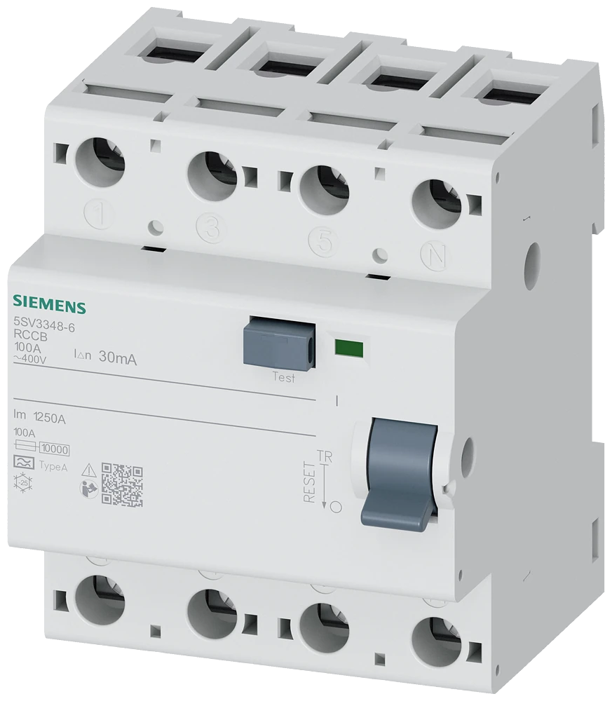 5SV3348-6 Disjoncteur différentiel, 4 pôles, type A, In : 100 A, 30 mA, Un AC : 400 V