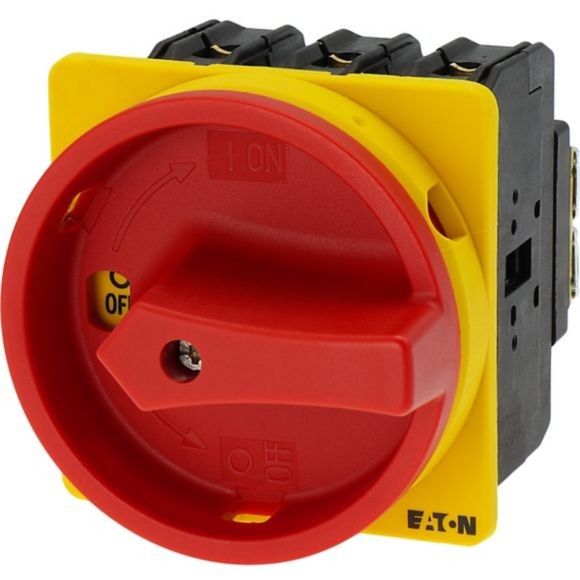 031607 P3-63/EA/SVB - Main switch, P3, 63 A, flush mounting, 3 pole, Emergency switching off function, With red rotary handle and yellow locking ring, Lockable in the 0 (Off) position