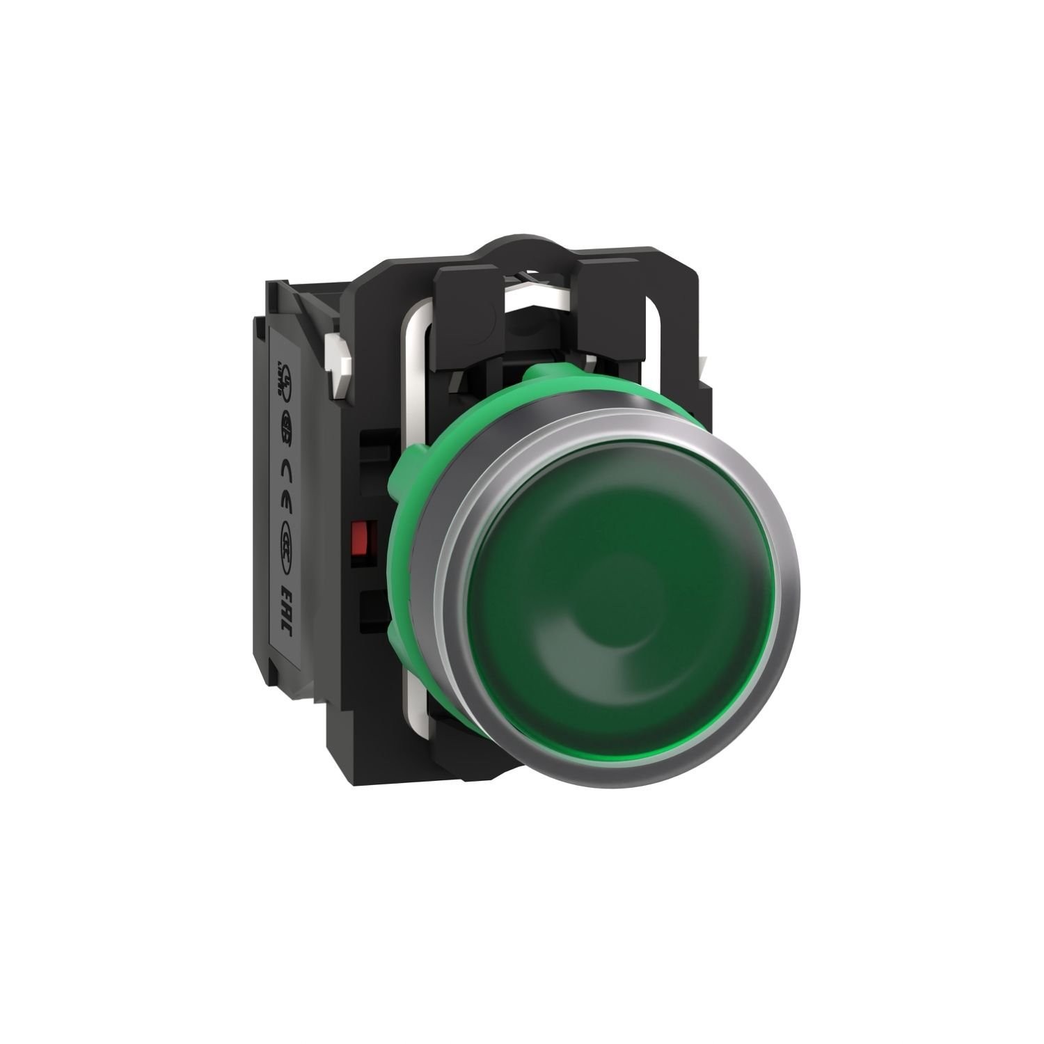 XB5AW33B5 Illuminated push button, Harmony XB5, plastic, green flush, 22mm, universal LED, plain lens, 1NO + 1NC, 24V AC DC