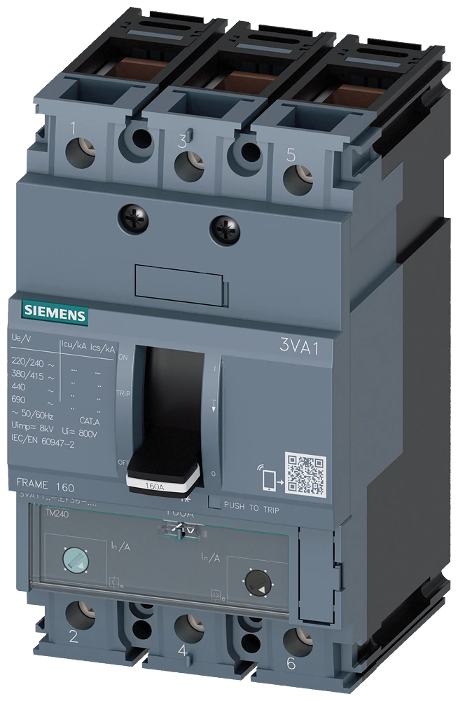3VA1112-5EF36-0AA0 circuit breaker 3VA1 IEC frame 160 breaking capacity class M Icu=55kA @ 415V 3-pole, line protection TM240, ATAM, In=125A overload protection Ir=88A...125A short-circuit protection Ii=5...10 x In clamp connection