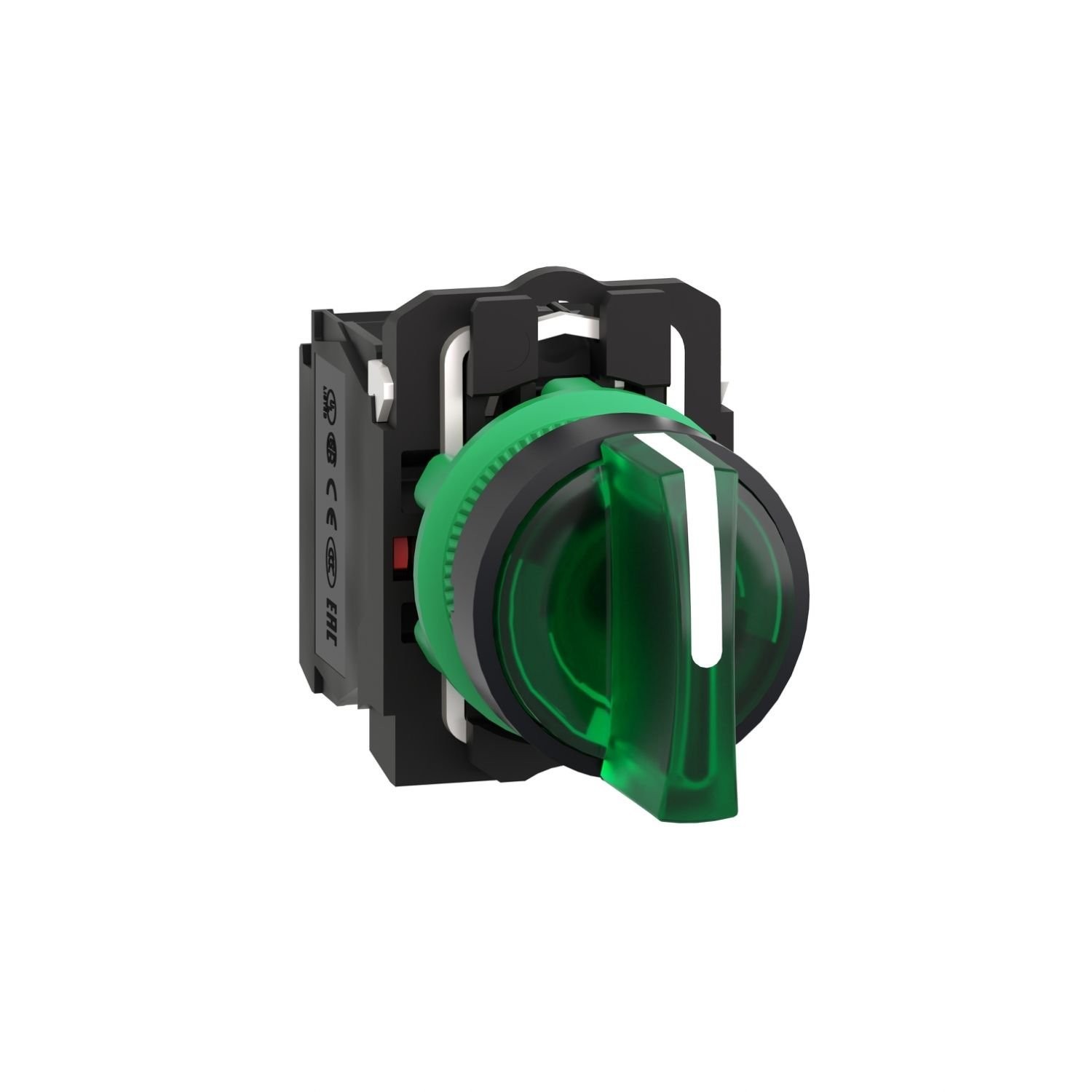 XB5AK133B5 Illuminated selector switch, Harmony XB5, grey plastic, green handle, 22mm, 3 positions, universal LED, 1NO + 1NC, 24V AC DC
