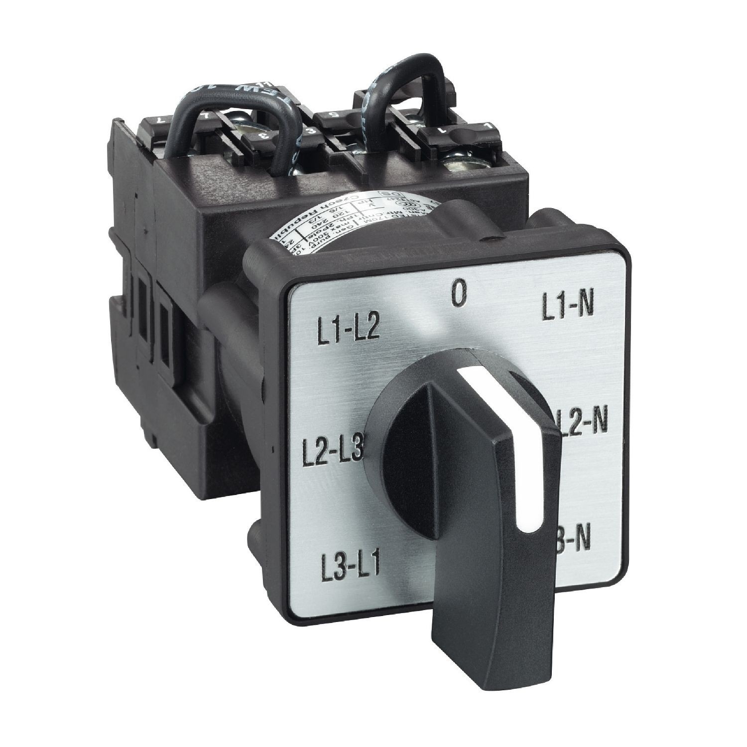 K1F027MLH Cam voltmeter switch, Harmony K, phases phases and phases neutral, multifixing, plastic, 7 posiitons, 45°, 12A, metallic legend, 35mm black handle