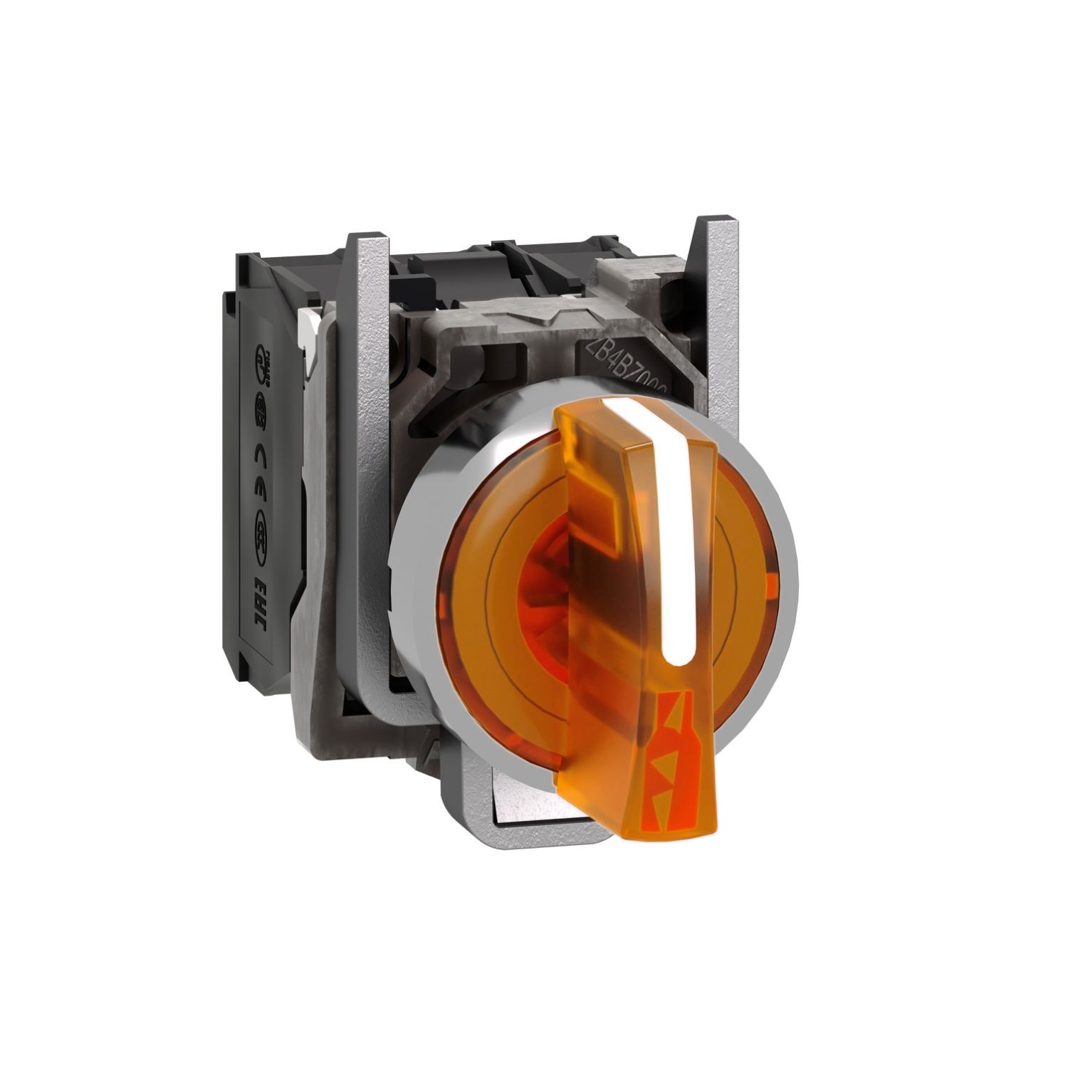 XB4BK135M5 Illuminated selector switch, Harmony XB4, metal, orange handle, 22mm, universal LED, 3 positions, 1NO + 1NC, 230...240V AC