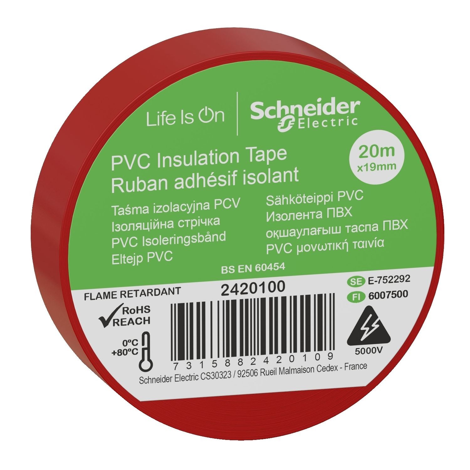 Schneider Electric 2420100 Insulation tape, Thorsman, 19mm x 20m, red