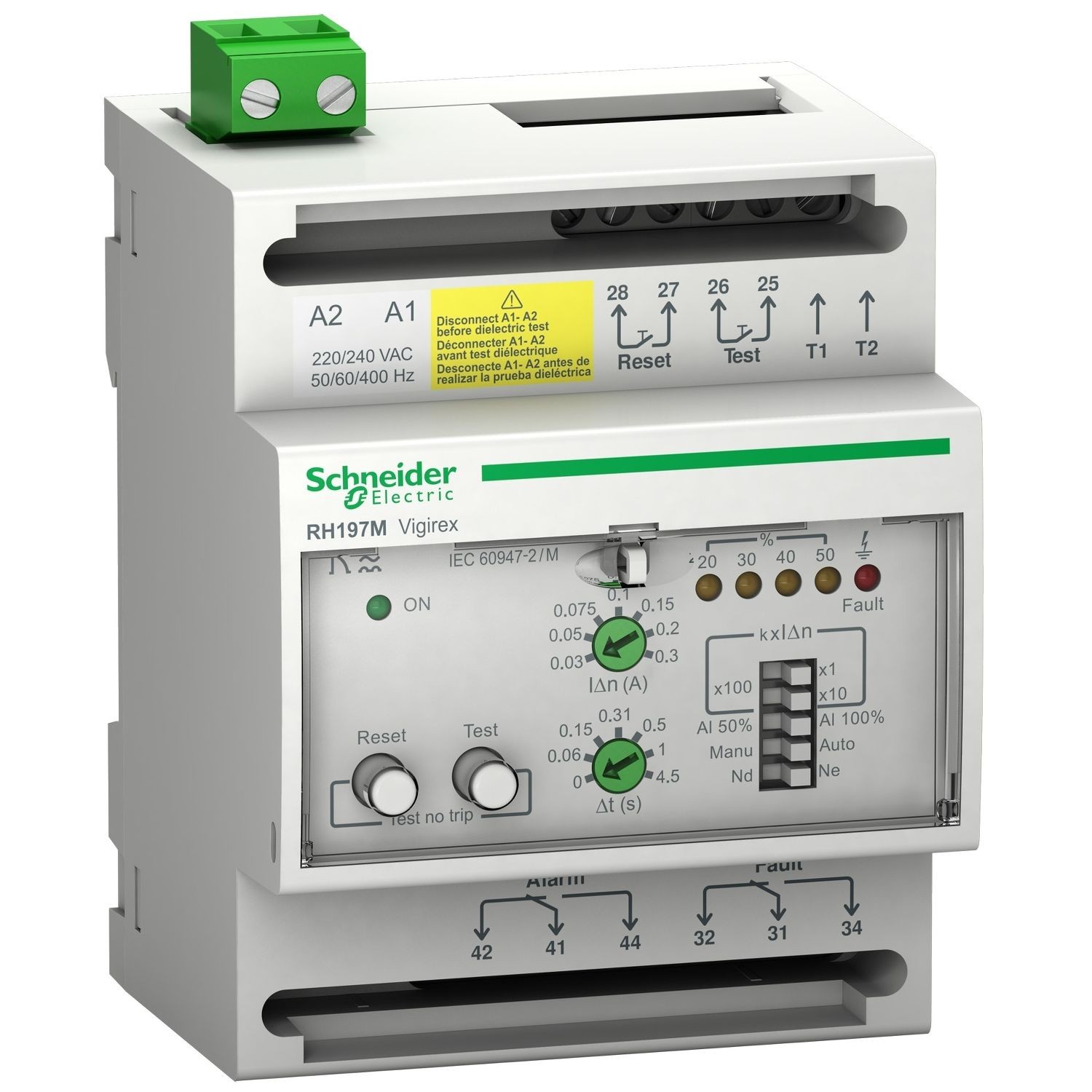 Schneider Electric 56517 Residual current protection relay, VigiPacT RH197M, 30mA-30A, 220/240VAC 50/60Hz, alarm 50% or 100%, DIN rail mounting