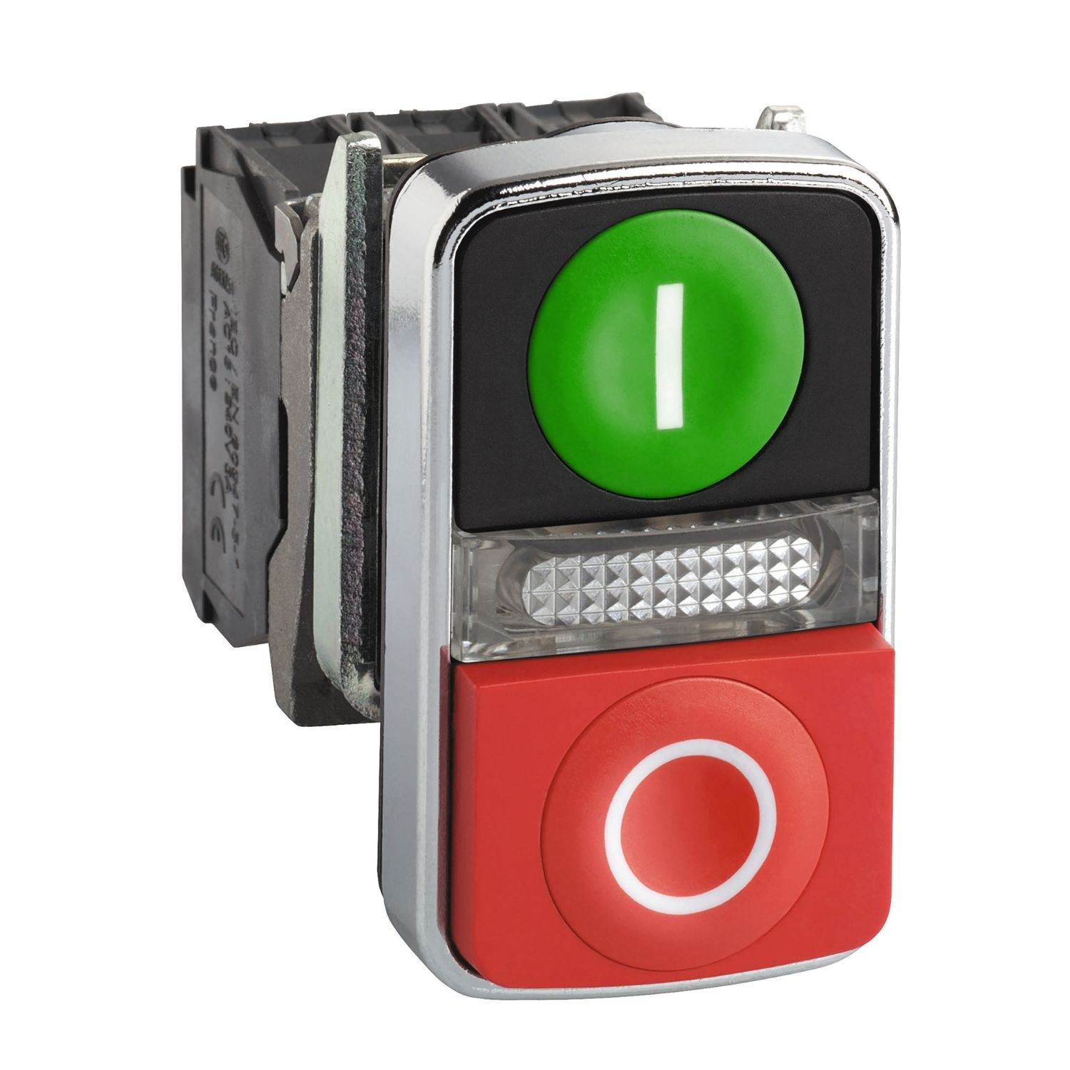 XB4BW73731B5 Illuminated double headed push button, Harmony XB4, metal, 22mm, 1 green flush I + 1 pilot light + 1 red projecting O, 1 NO + 1 NC